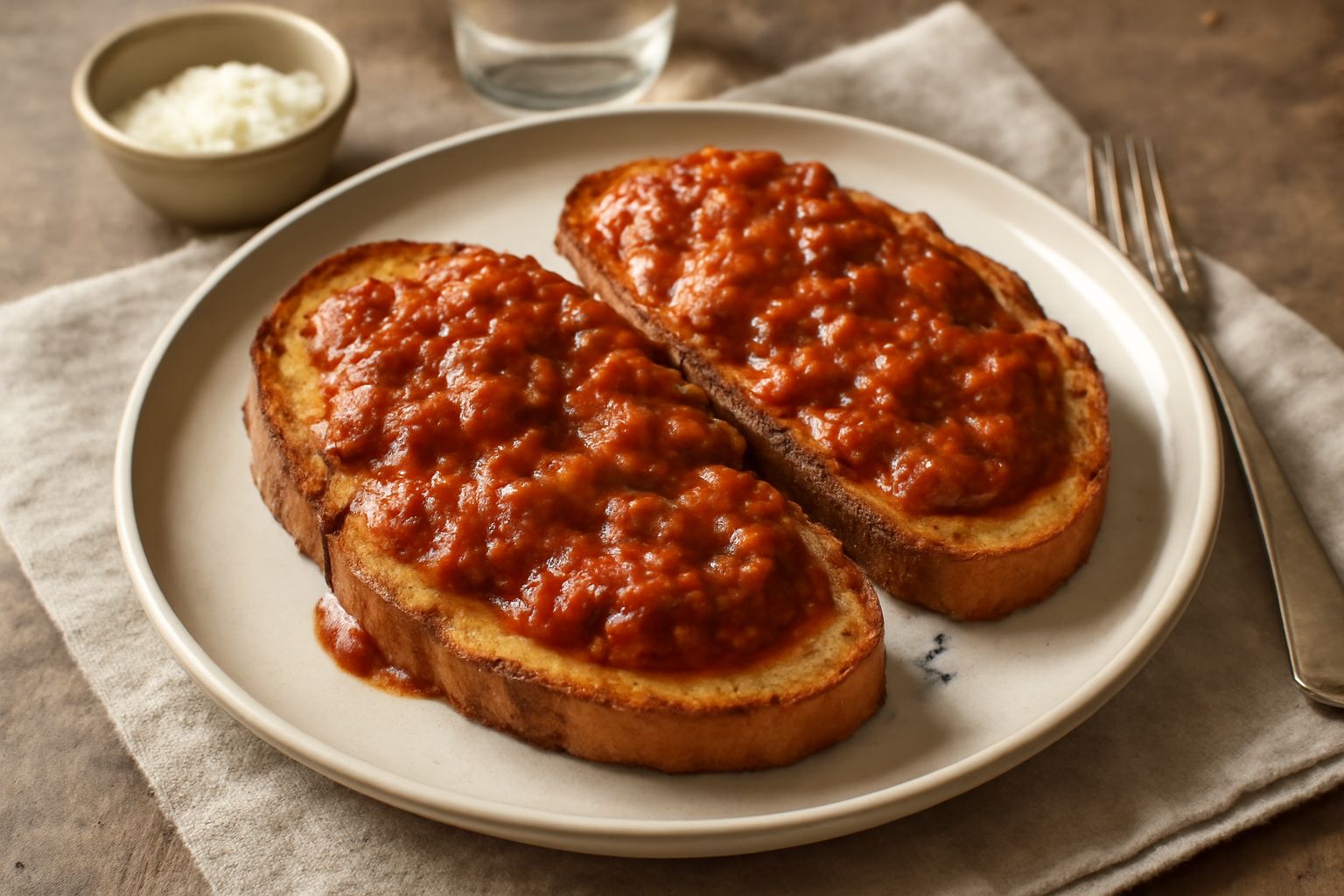 Piatto con fette di pane tostato color nocciola coperte da sugo di pomodoro rosso intenso e ragù di carne macinata, guarnito con prezzemolo fresco e grana grattugiato, su un fondo di ceramica bianca