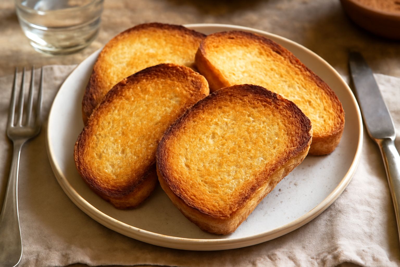 Fette di pane tostato di semola di colore dorato-marrone, croccanti e spezzate, disposte su un piatto bianco con il taglio trasversale ben visibile
