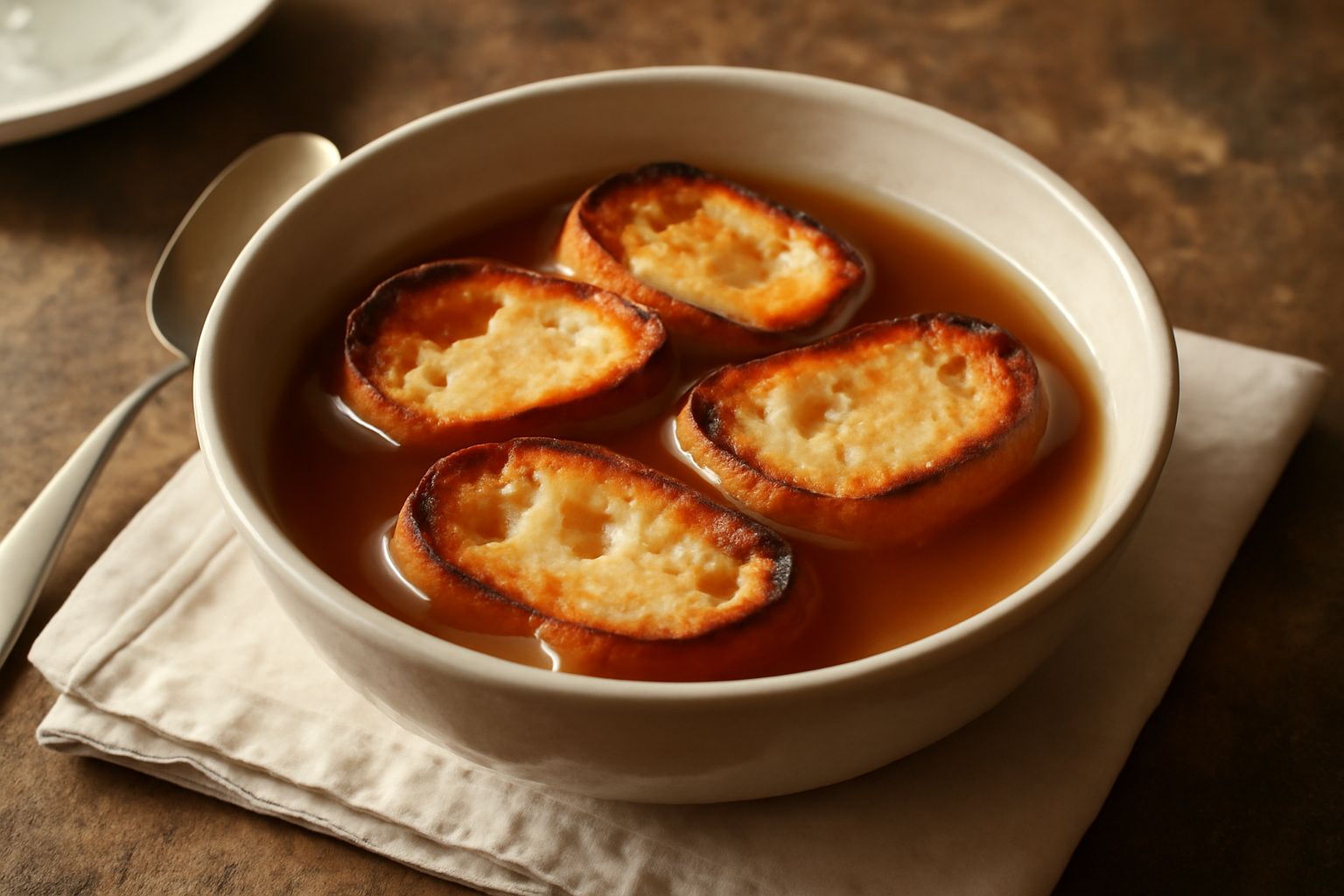 Ciotola di ceramica bianca con pane tostato in brodo fumante, fette dorate di pane che affiorano dal brodo trasparente, gocce di olio d'oliva in superficie, prezzemolo fresco tritato sopra