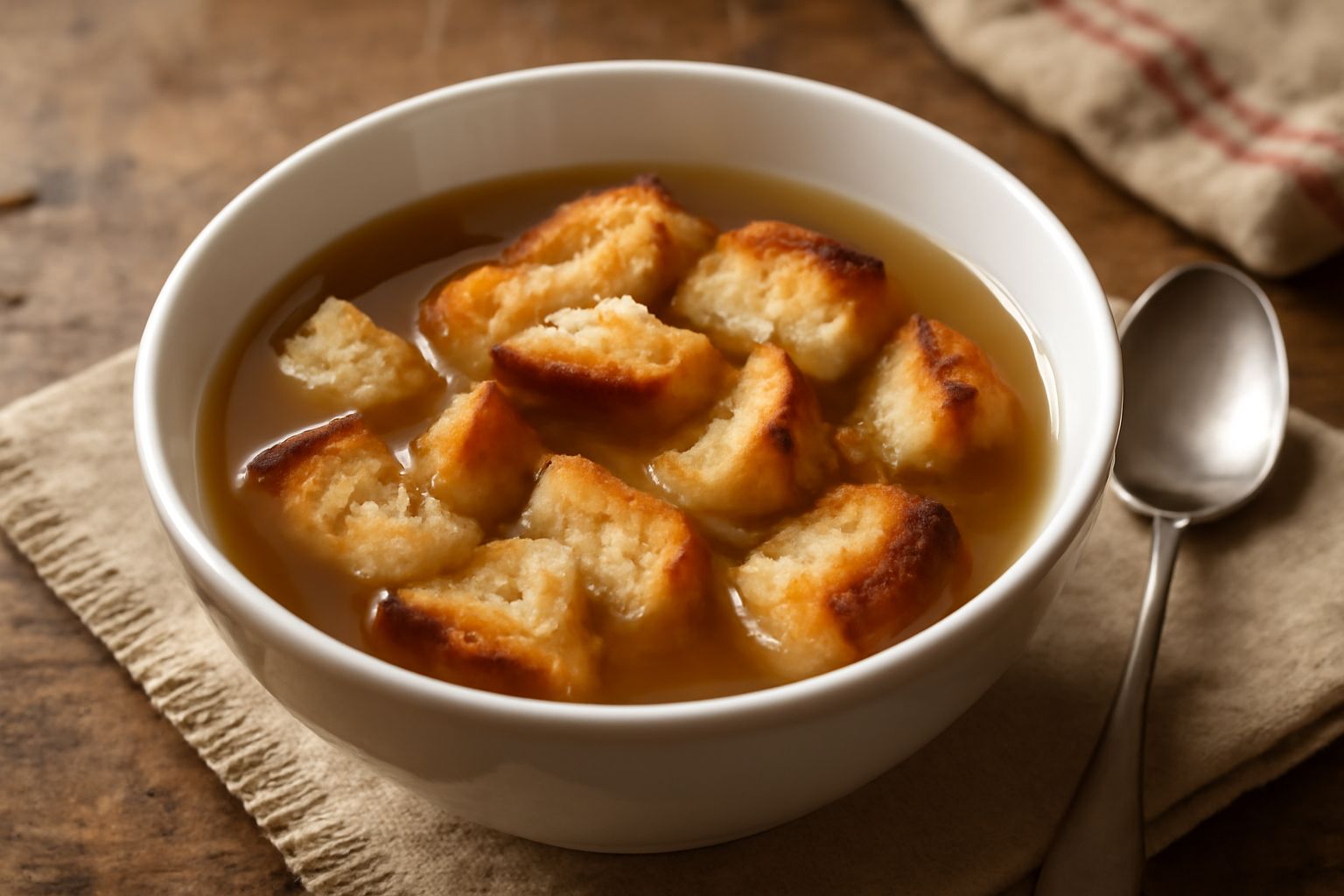 Ciotola di ceramica con brodo trasparente e dorato, pane tostato spezzettato che galleggia in superficie, spruzzato di prezzemolo fresco verde, cucchiaio di legno dentro la ciotola