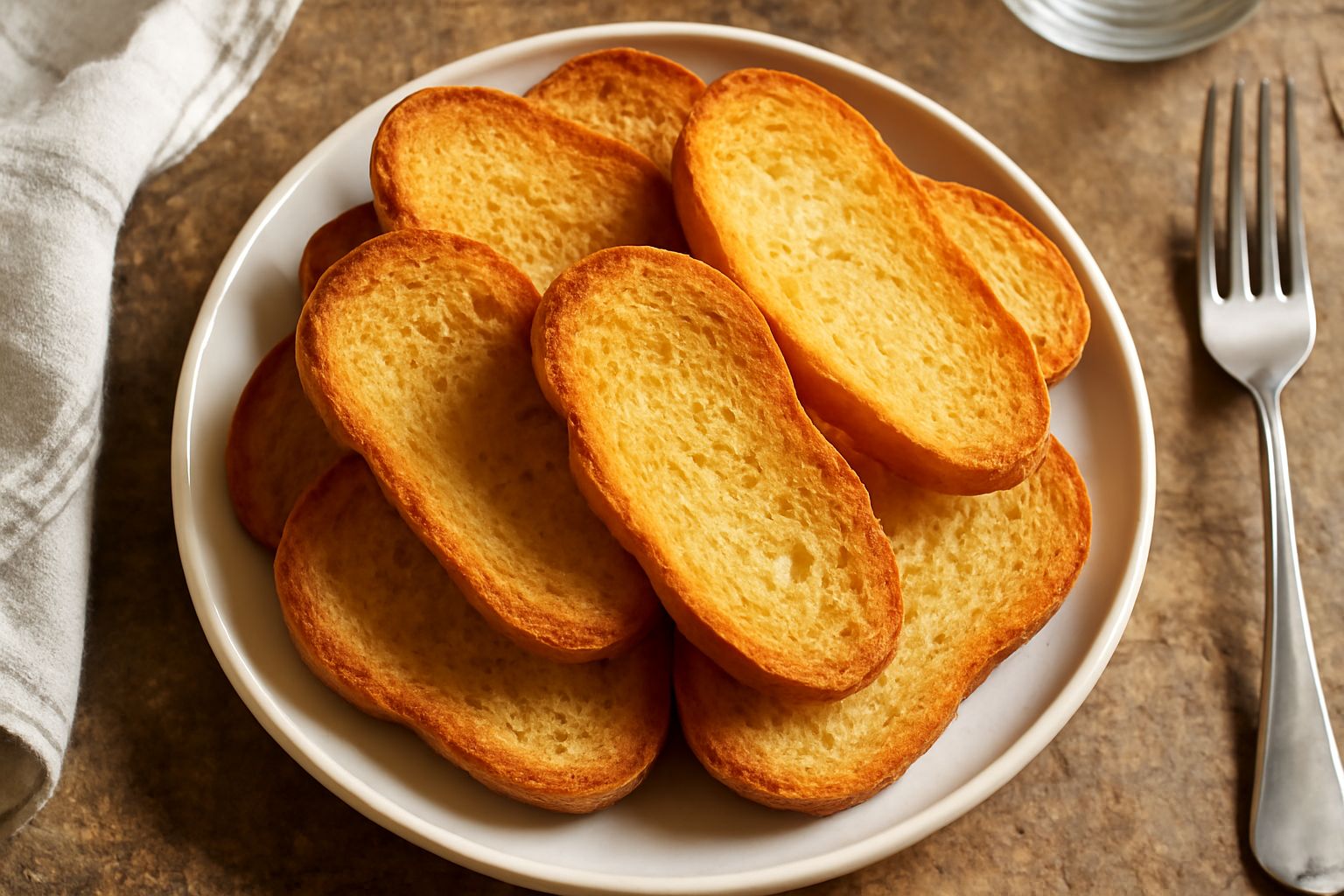 Fette di pane tostato piemontese dorate e croccanti, leggermente ricurve, disposte in piedi in un piatto bianco con una leggera brillantezza di burro sulla superficie