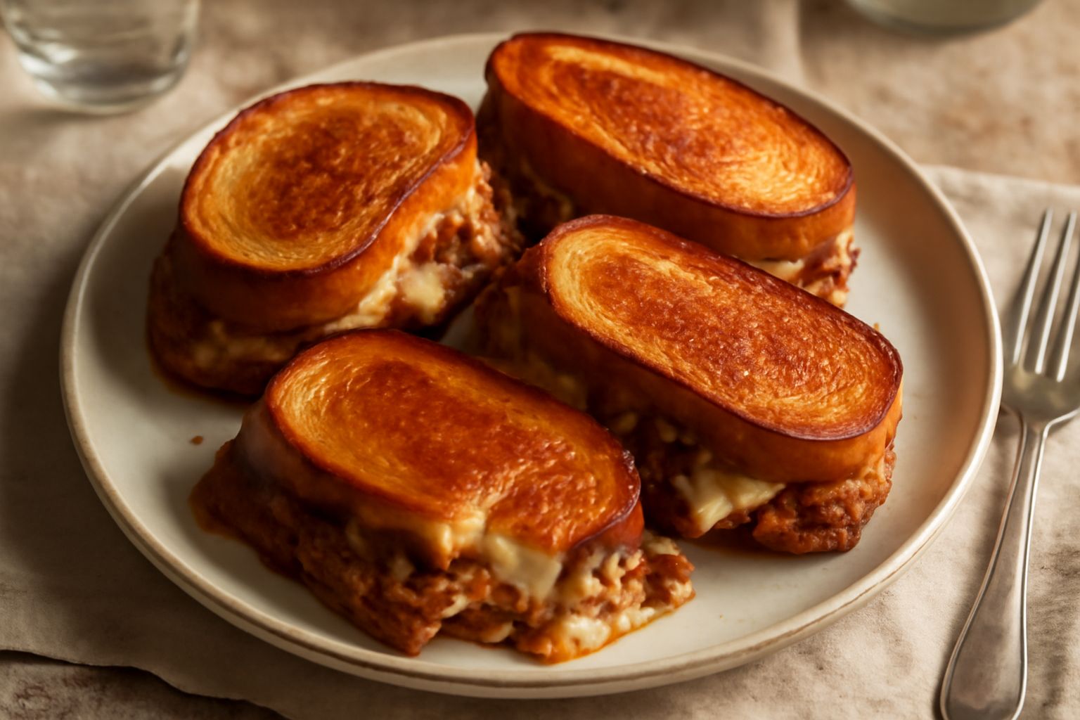 Fette di pane tostato dorate su un piatto bianco, tagliate a metà per mostrare il ripieno di formaggio fuso e verdure, bordi croccanti color nocciola, piatto da tavolo con forchetta