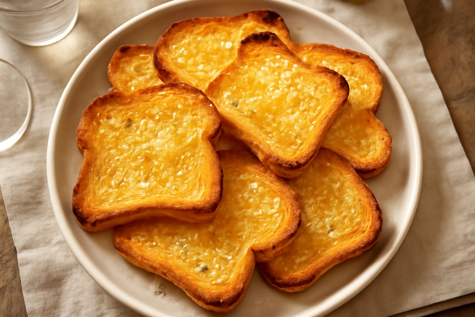 Fette di pane tostato salato color dorato, croccanti e lievemente oleate, disposte su un piatto bianco con grani di sale grosso visibili sulla superficie