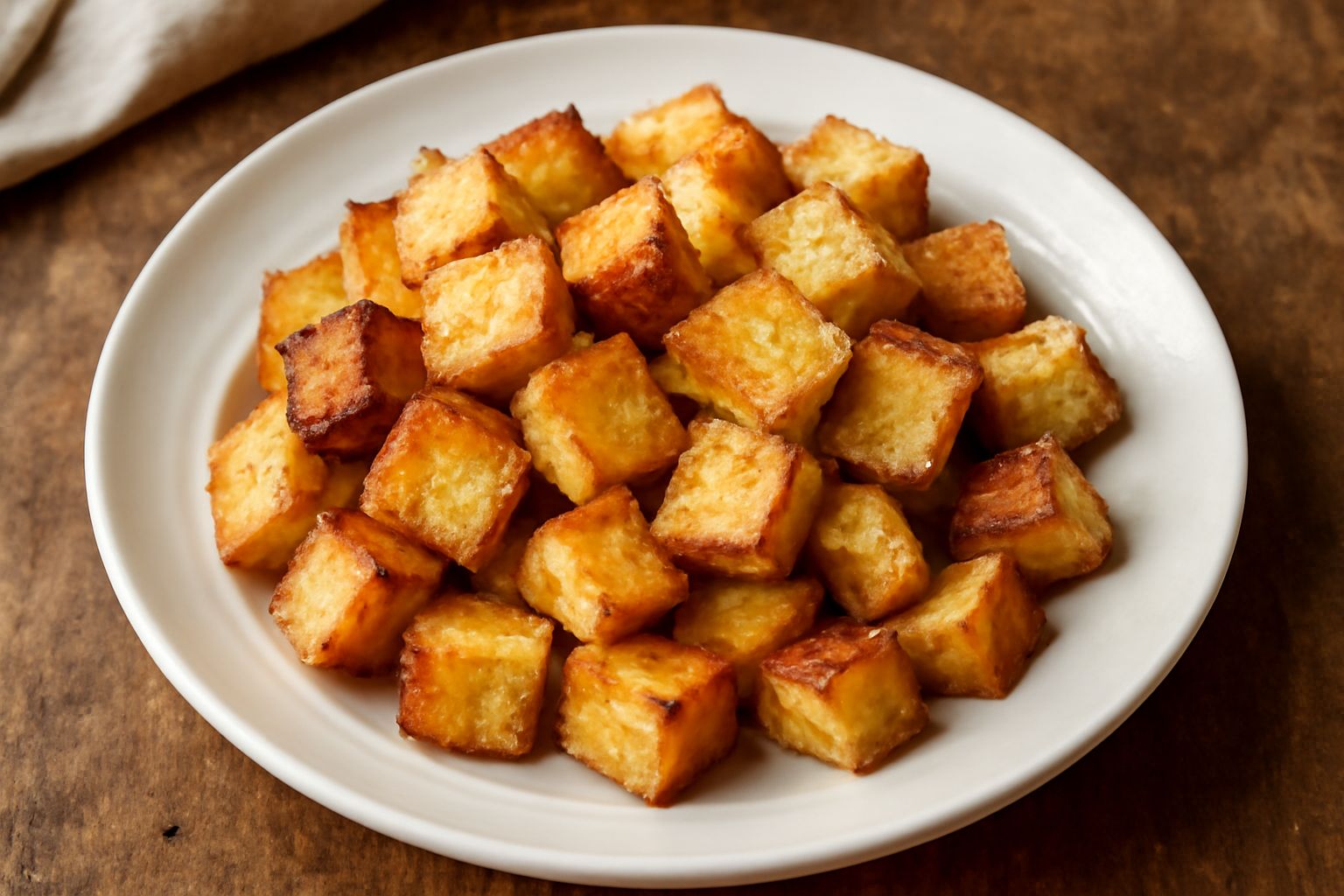 Cubetti di pane tostato dorati disposti in un piatto bianco, con aglio fresco affettato sul fondo e filo di olio extravergine lucido sulla superficie