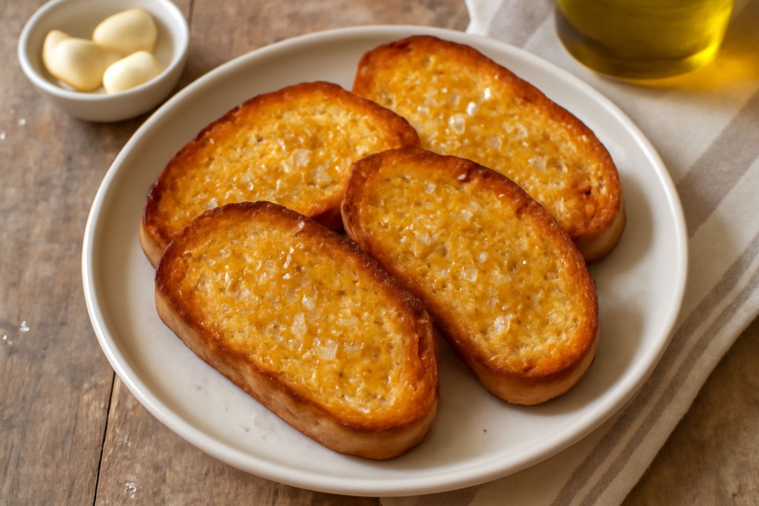 Fette di pane tostato dorate e croccanti disposte su un piatto bianco, con tracce visibili di aglio strofinato, coperte da un filo di olio d'oliva verde e spruzzate di sale marino grosso