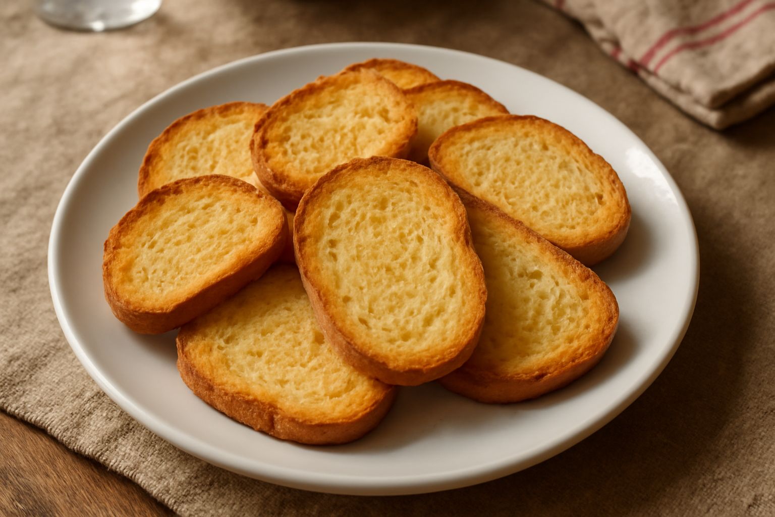 Fette di pane tostau dorate e croccanti impilate su un piatto bianco, superficie ruvida e uniforme, con alone dorato sui bordi