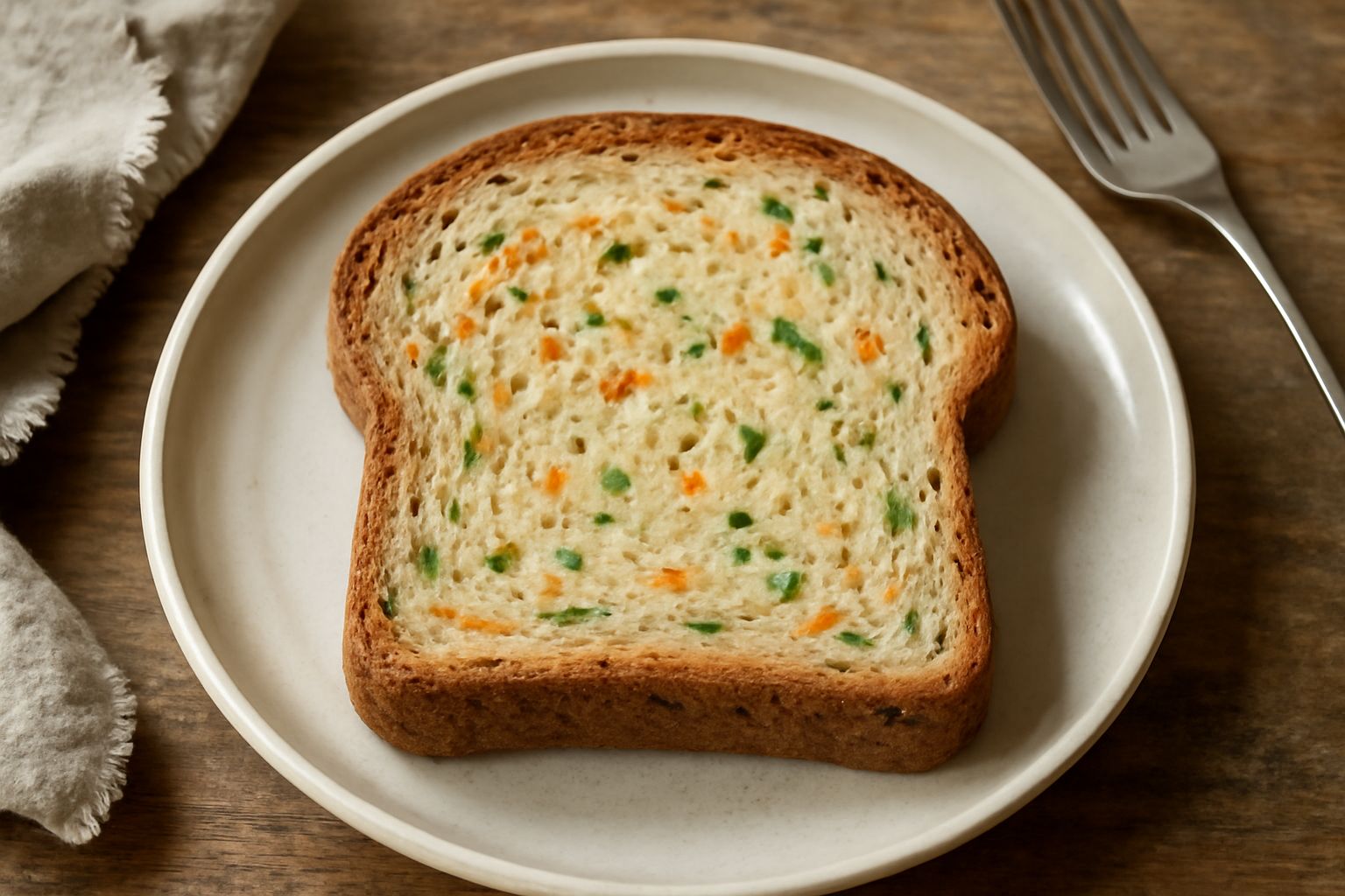 Una fetta di pane trentino con verdure appena tagliato, che mostra una mollica color avorio con pezzetti visibili di carota arancione, zucchina verde e cipolla bianca, crosta scura e croccante, servit