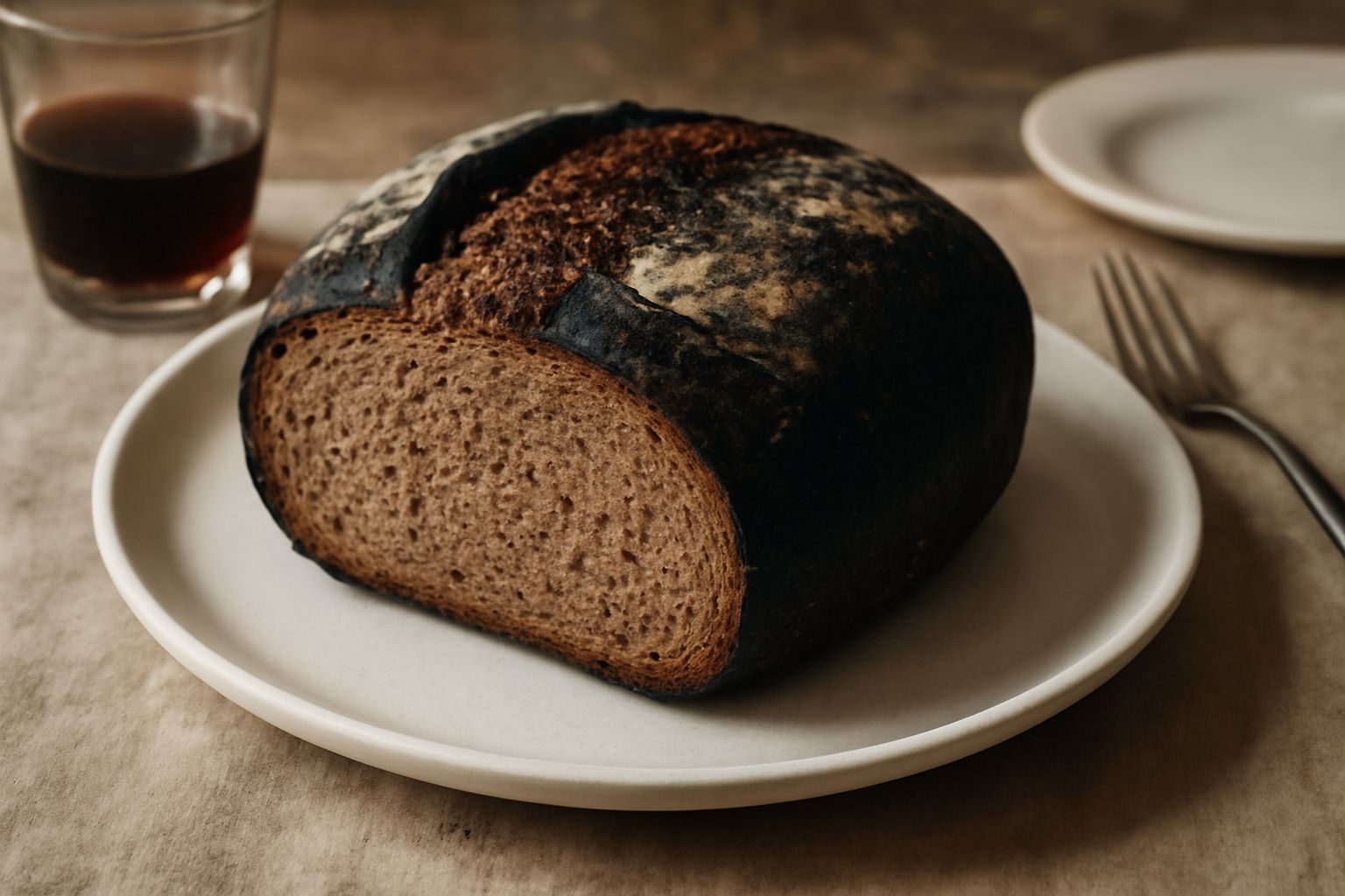 Pane trentino scuro con crosta marrone scuro e rugosa, affettato su un tagliere di legno. La miga è compatta e marrone chiaro, con qualche scheggia di crusca visibile. Accanto una ciotola con farina i