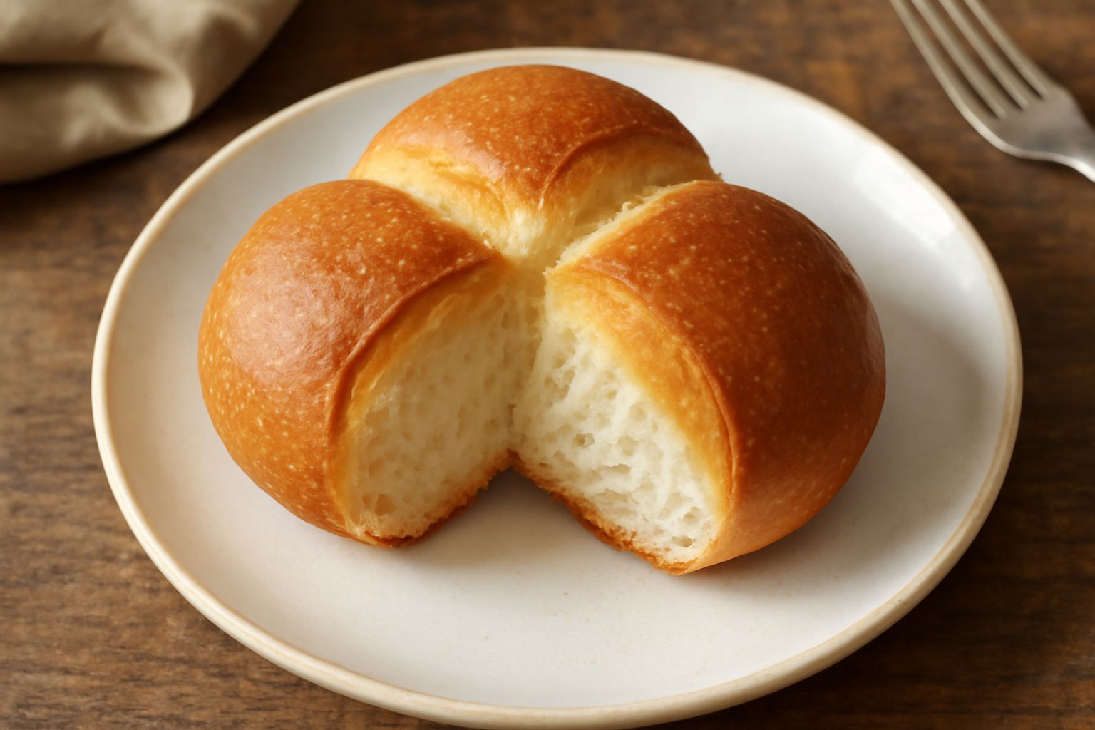 Pane trifoglio dorato appena sfornato, tre lobi simmetrici e ben lievitati, buccia lucida e croccante, ripreso da sopra su tavolo di legno chiaro