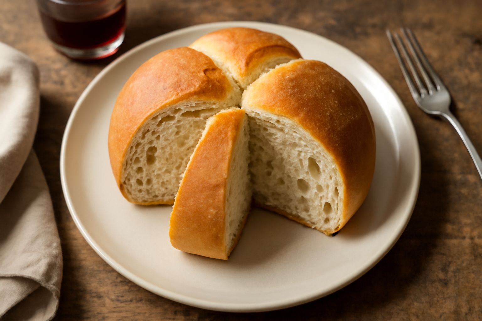 Pane trifoglio di Schio a fette, mostrando tre sezioni di impasto diverso con colori leggermente sfumati, crosta dorata uniforme, interno alveolato e tre camere d'aria ben definite