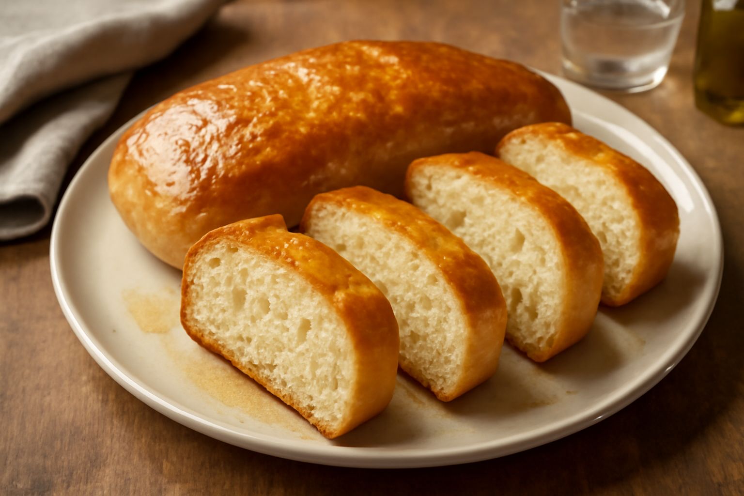 Pane unto dorato con superficie lucida e leggermente oleosa, tagliato a metà mostrando la mollica soffice, servito su una tavola in legno con una ciotola di olio extravergine accanto