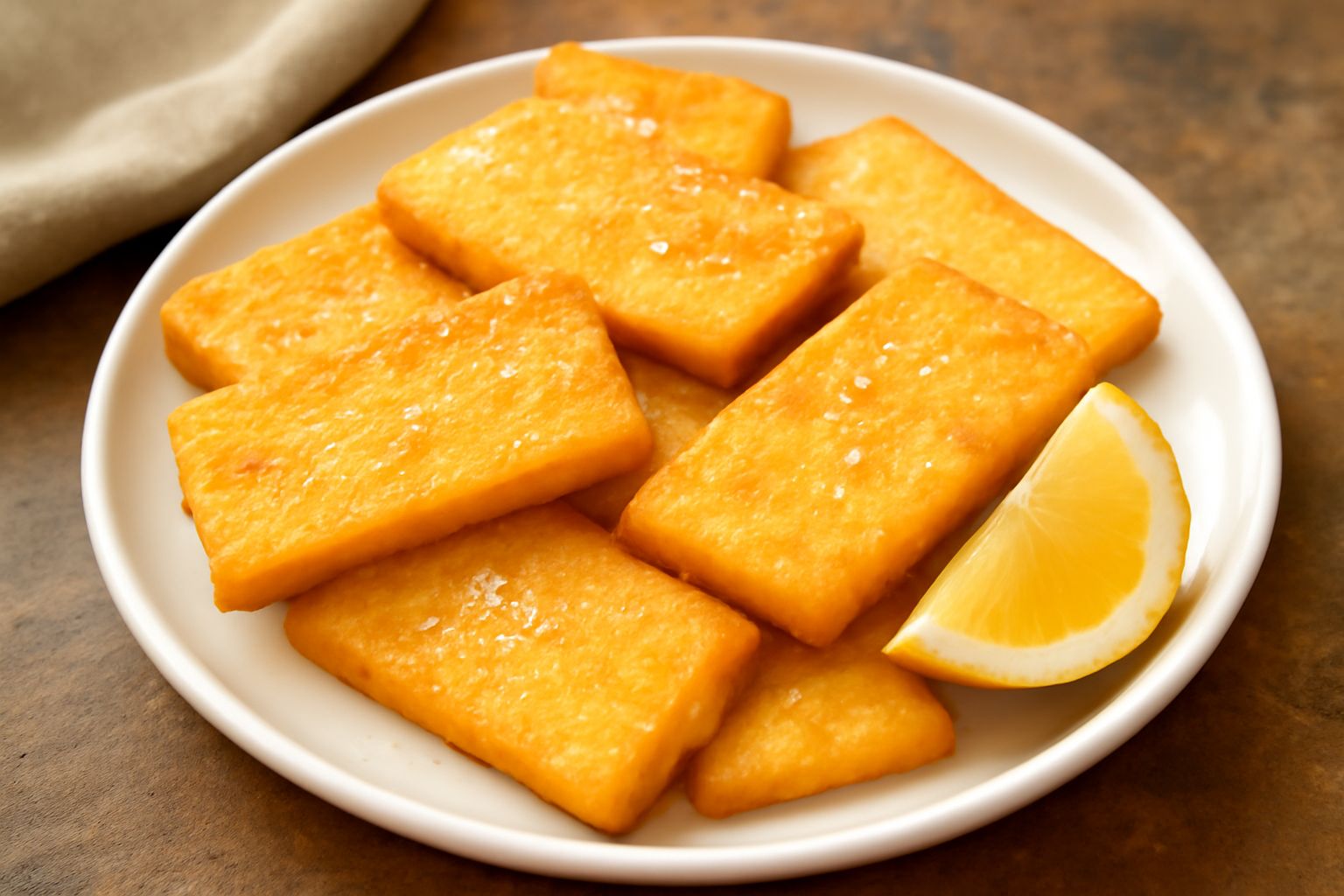 Panelle dorate e croccanti tagliate a rettangoli, impilate su un piatto bianco, ancora fumanti. Superficie dorata e irregolare. A lato un limone tagliato a spicchi e qualche foglia di prezzemolo.