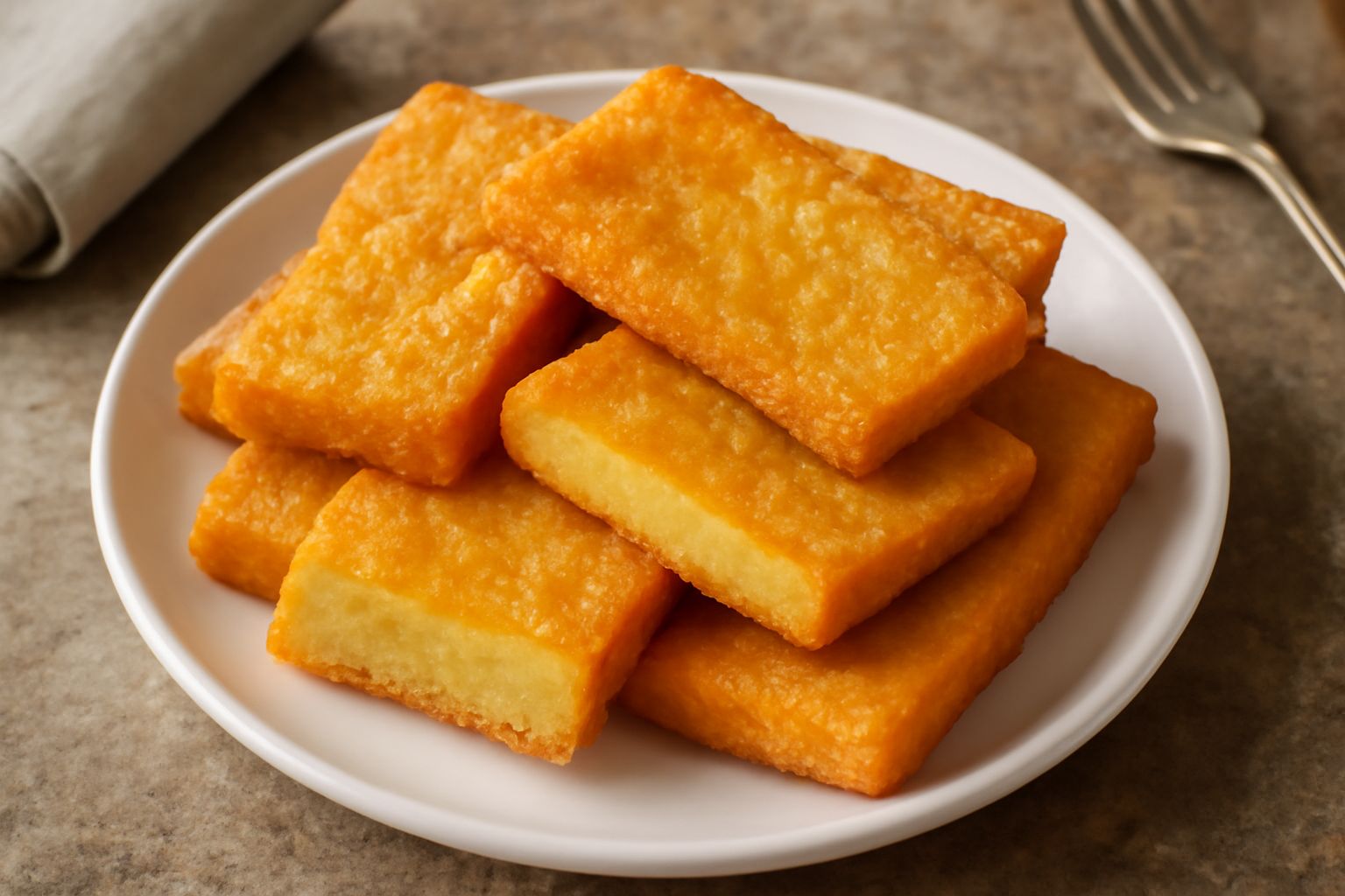Panelle catanesi dorate e croccanti impilate su un piatto bianco, con carta assorbente, sfondo sfocato di una cucina domestica