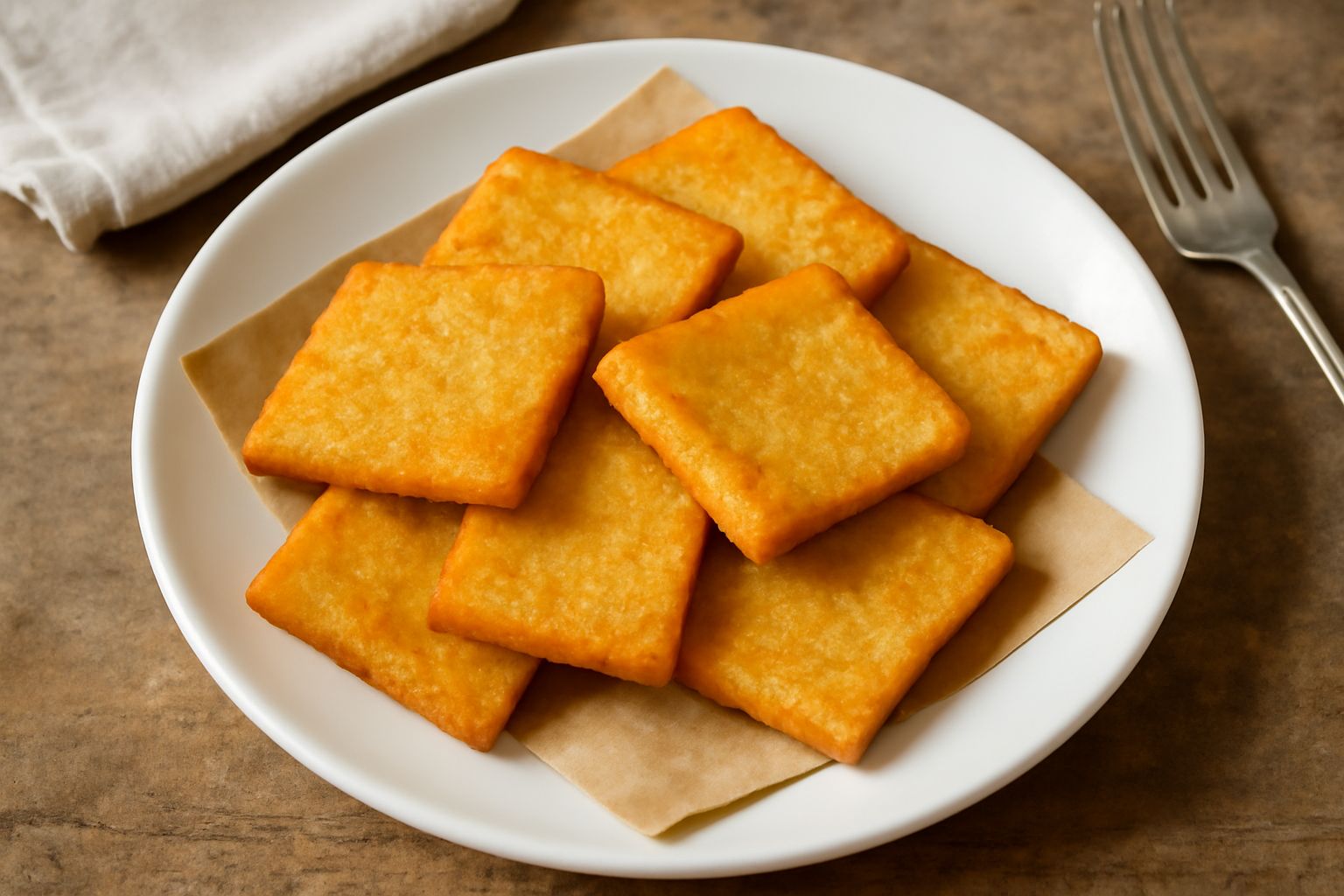 Panelle rettangolari dorate e croccanti impilate su carta bianca, con superficie fritta uniformemente color oro scuro, garnite con una fetta di limone fresco