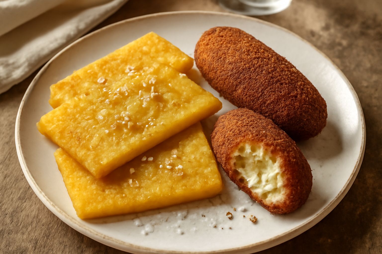 Panelle gialle dorate e crocchè marroni disposti su un piatto bianco con limone fresco, sfondo rustico in legno