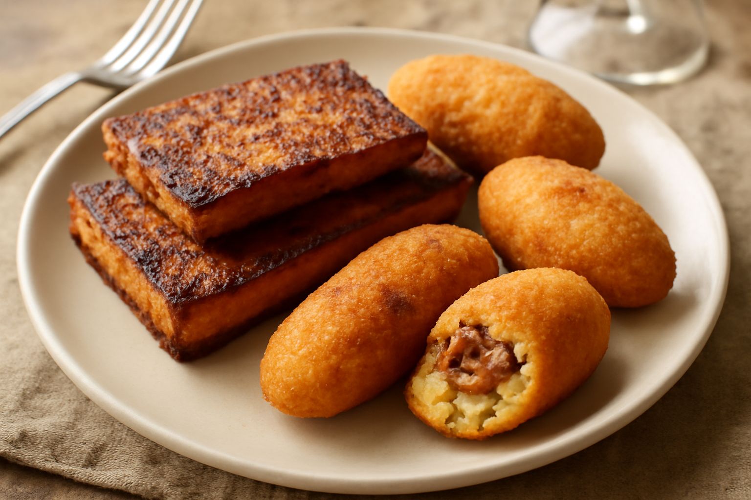 Panelle e crocchè disposti su un piatto bianco: panelle color oro scuro a forma di rettangolo schiacciato, crocchè marrone e ovale, su carta assorbente, con spicchio di limone e prezzemolo fresco ai l