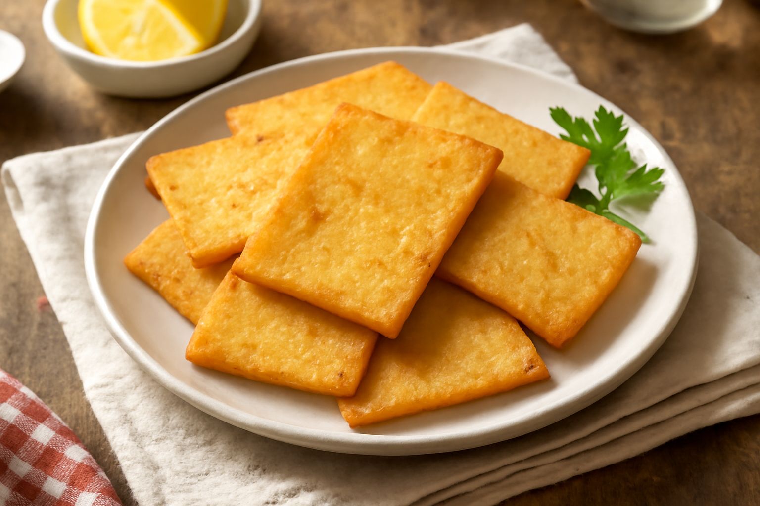 Panelle fredde dorate e croccanti tagliate a rettangoli su piatto bianco, con bordi irregolari e superficie leggermente rugosa, servite a temperatura ambiente