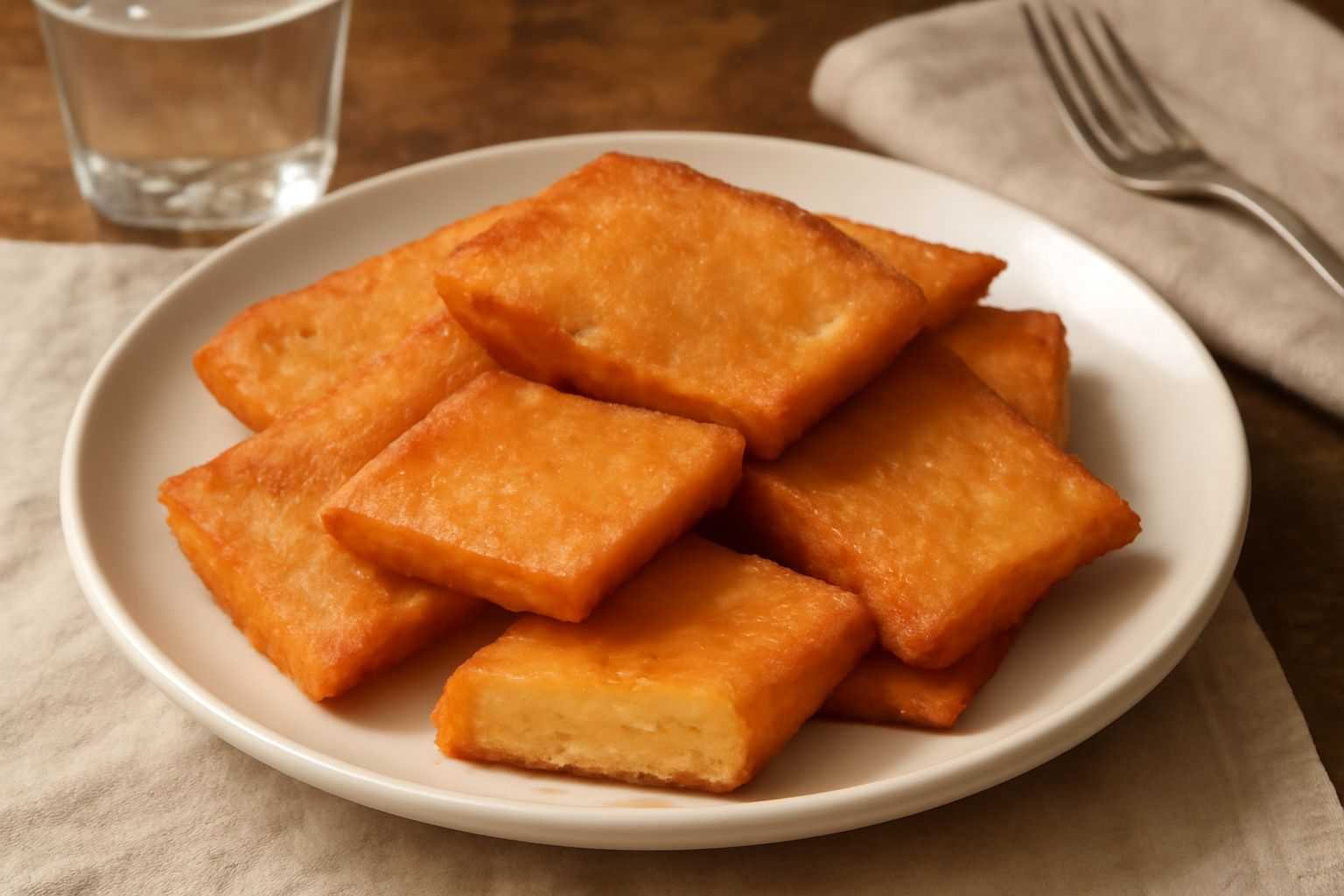Panelle fritte dorate e croccanti appoggiate su carta da cucina, di forma rettangolare regolare, con sfumature brune ai bordi, servite in piatto bianco