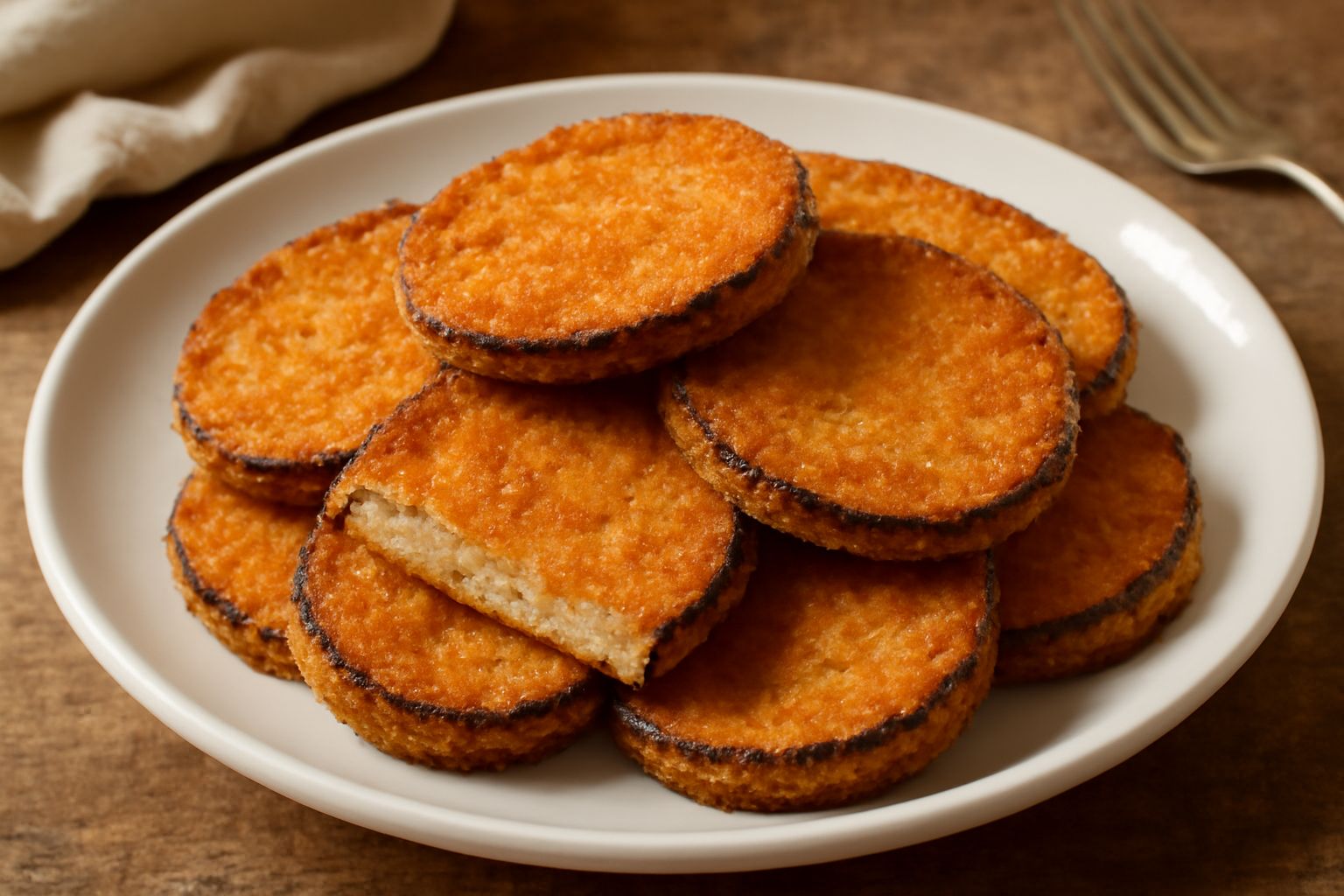 Sei panellini di melanzane dorati e croccanti impilati su un piatto bianco, spruzzati di sale grosso, con due spicchi di limone fresco al lato