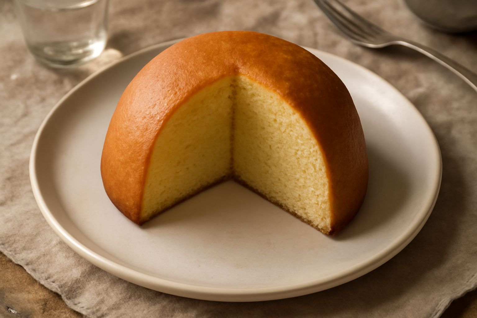 Panetela appena sfornata, tonda e bombata, con crosta dorata e leggeri screpolature, poggiata su un piatto bianco, fetta già tagliata che mostra l'interno soffice e omogeneo color giallo paglia