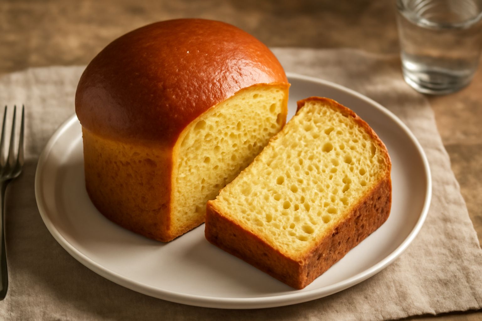 Panetone intero appena sfornato dal colore dorato intenso con cupola arrotondata, frutta candita visibile nella sezione tagliata, posato su un piatto bianco con una fetta accanto