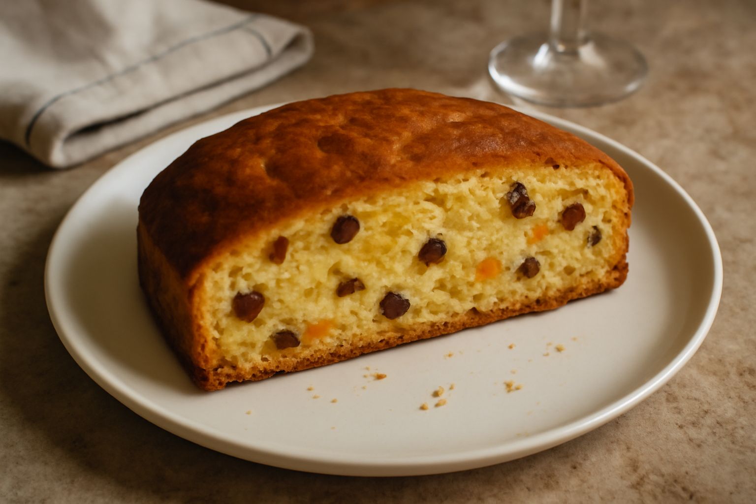 Panetone basso dorato con superficie liscia, decorato con granella di zucchero, tagliato a fette che mostrano l'interno soffice con uvetta e canditi ben distribuiti, servito su piatto bianco