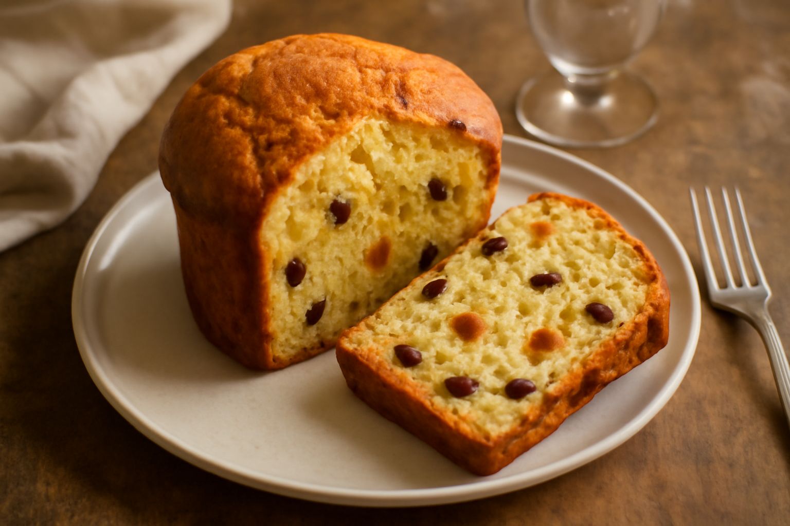Panetone benedettino intero, tagliato a fette, con cupola dorata e spaccature tipiche, interno giallo-arancio con visibili uvetta e frutta candita, posato su tavolo in legno con fondo sfocato bianco