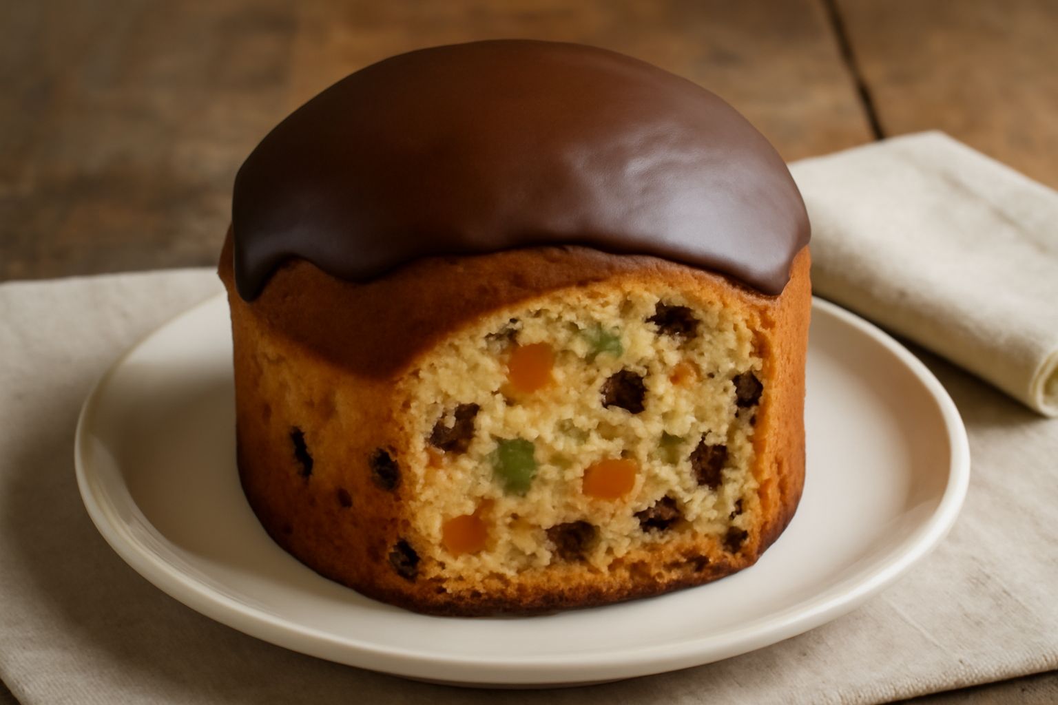 Panetone calabrese intero tagliato a metà su carta rossa natalizia, con frutta candita ben visibile, crema di copertura e uvetta distribuita uniformemente, accanto a bicchierini di panettone già affet