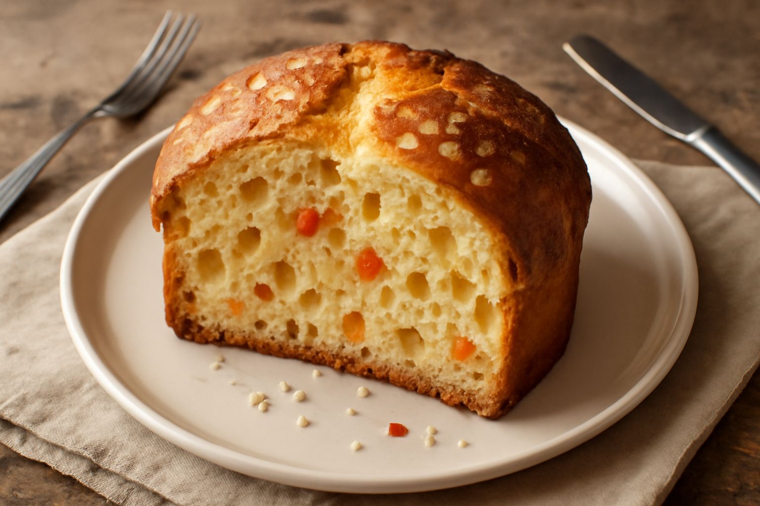 Panetone appena sfornato, dorato e gonfio, tagliato a fette con burro, canditi rossi e gialli, uvetta scura visibile all'interno, su un piatto bianco con pizzo di carta sotto