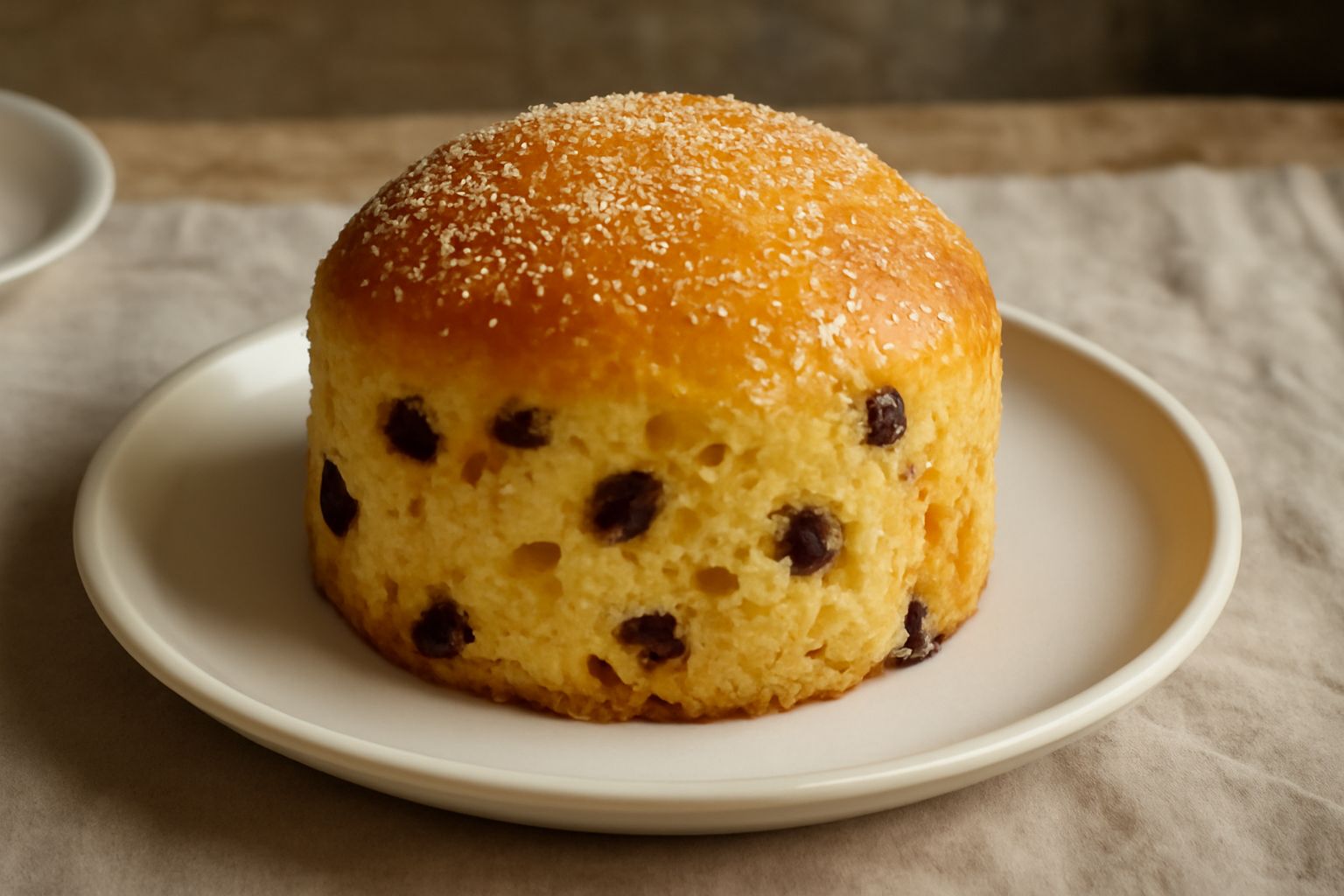 Fetta di panetone dei poveri su piatto bianco, con colore dorato uniforme, visibili pezzetti di uvetta e canditi sparsi nella mollica, superficie leggermente bombata, guarnizione di zucchero semolato 