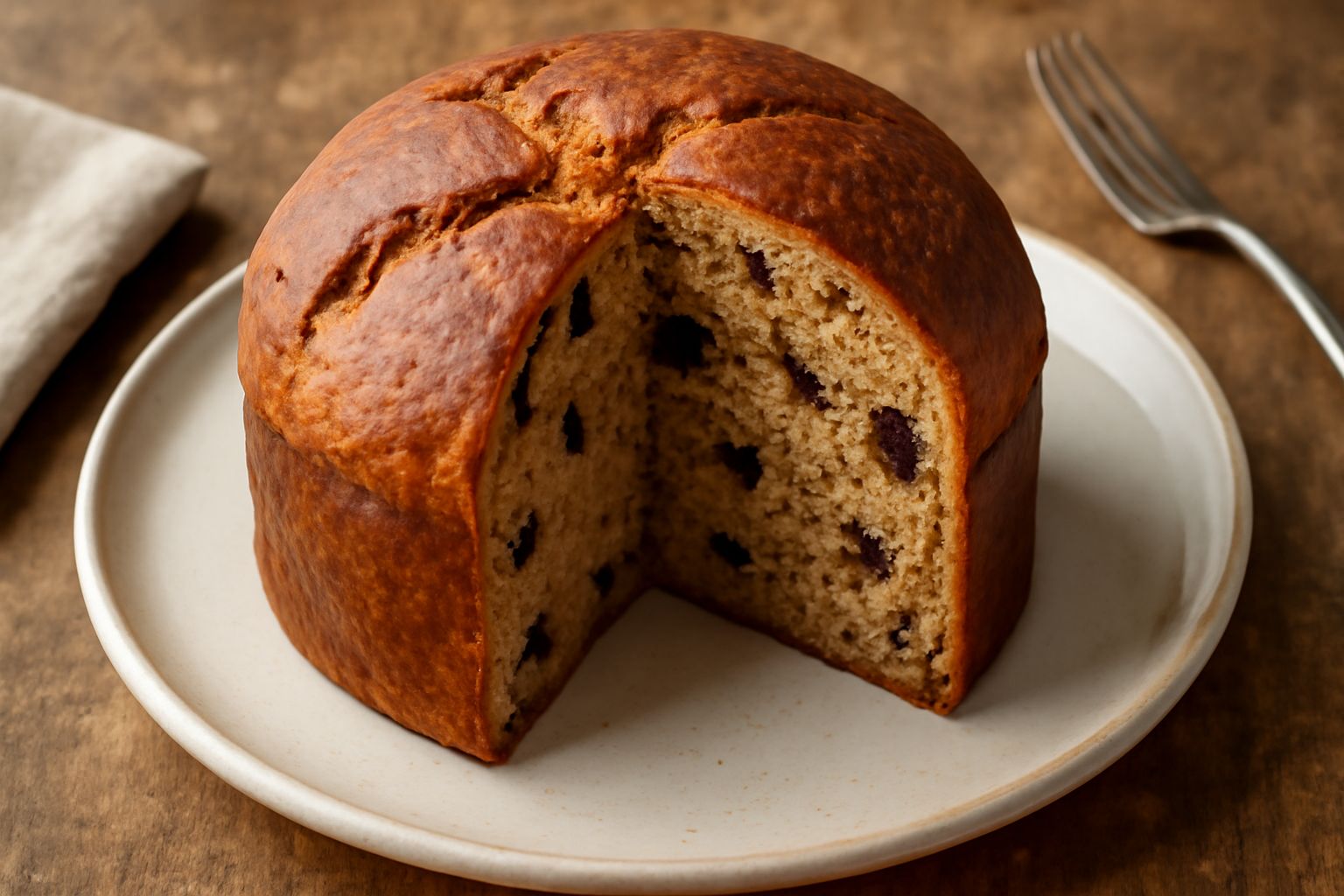 Panetone di farina di castagne appena sfornato, dalla crosta dorata e brillante, con frutta candita visibile sulla superficie, affettato mostrando l'interno soffice e umido con uvetta e canditi distri