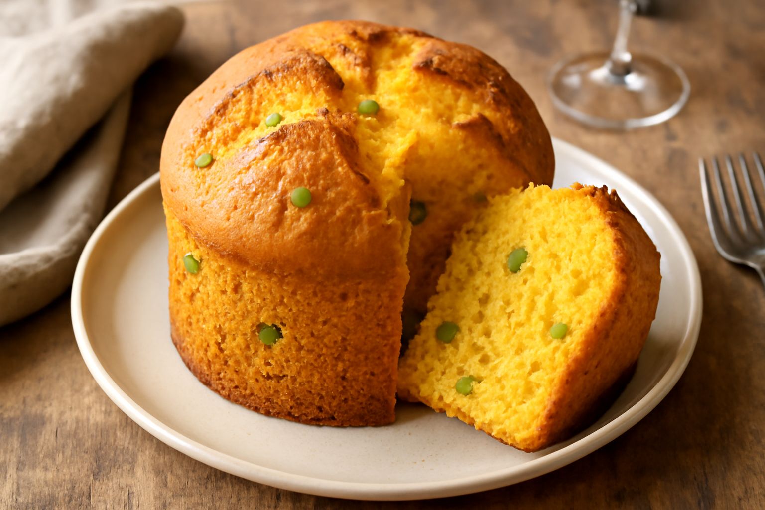 Un panetone di farina di mais affettato, di colore giallo dorato, con visibili pezzi di cedro candito e uvetta, poggiato su un piatto bianco con due fette accanto