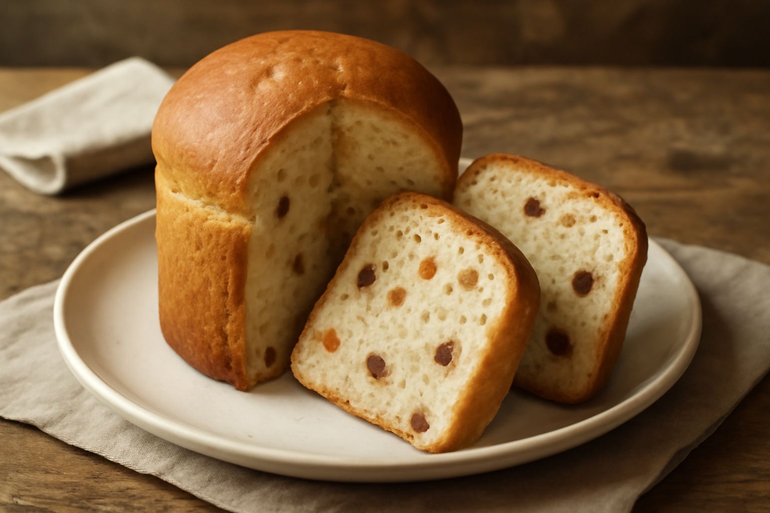 Un panetone di colore dorato-ambrato tagliato a fette, con all'interno canditi di arancia e uvetta, servito su un piatto bianco con una tazza di caffè accanto