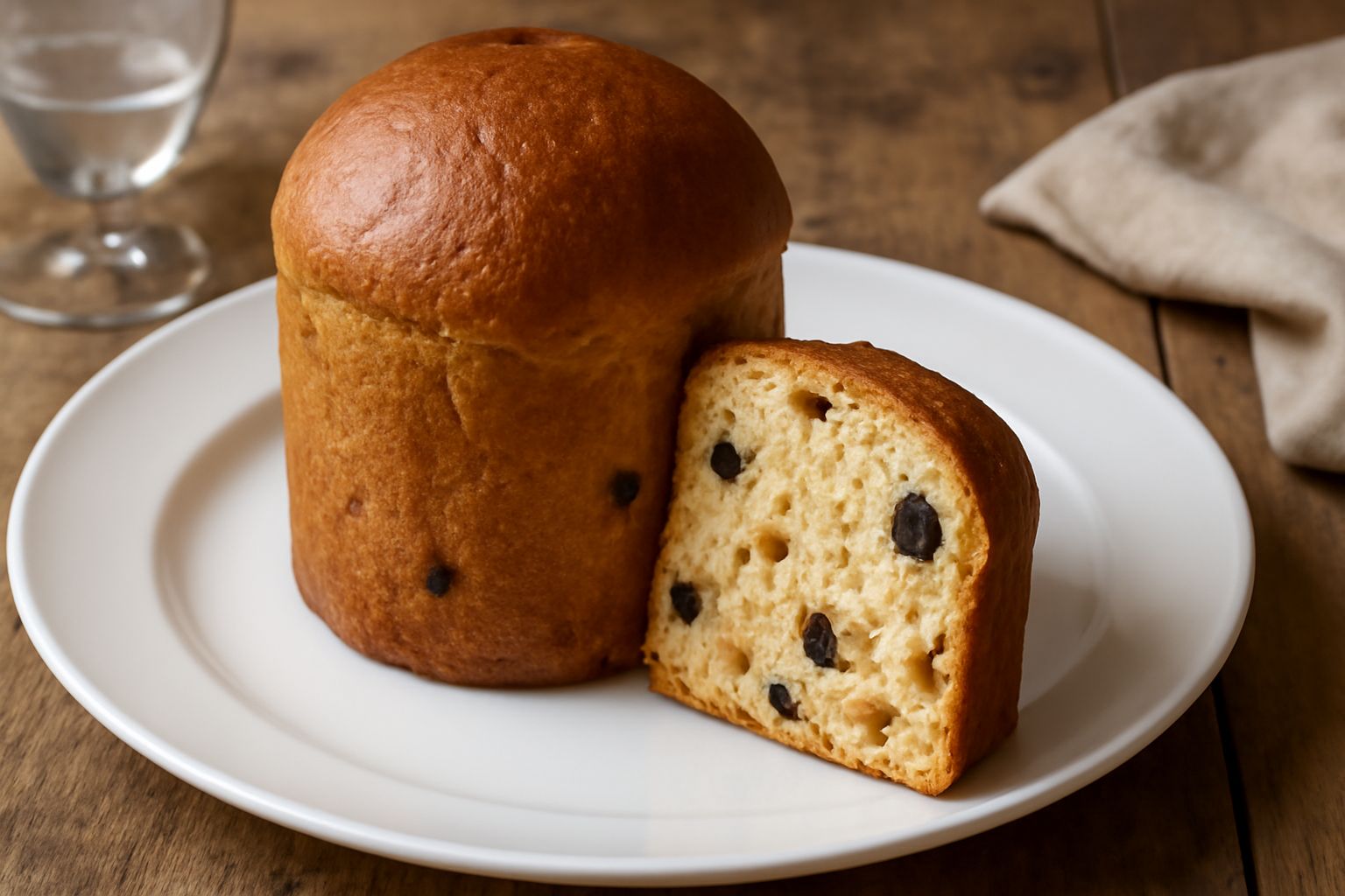 Panetone marchigiano dorato tagliato a fette, con crosta marrone uniforme, impasto giallo soffice visibile nella sezione, uvetta nera e cubetti di canditi chiari distribuiti nell'interno, presentato s