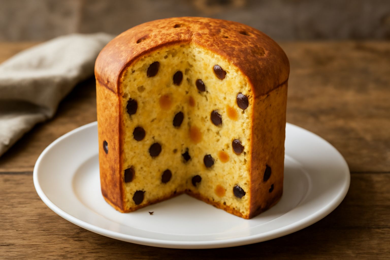 Panetone molisano affettato su piatto bianco, con mollica dorata a crumb fine, uvetta visibile, coperto da una leggera spolvero di zucchero a velo, decorato con granella di pistacchio attorno al bordo