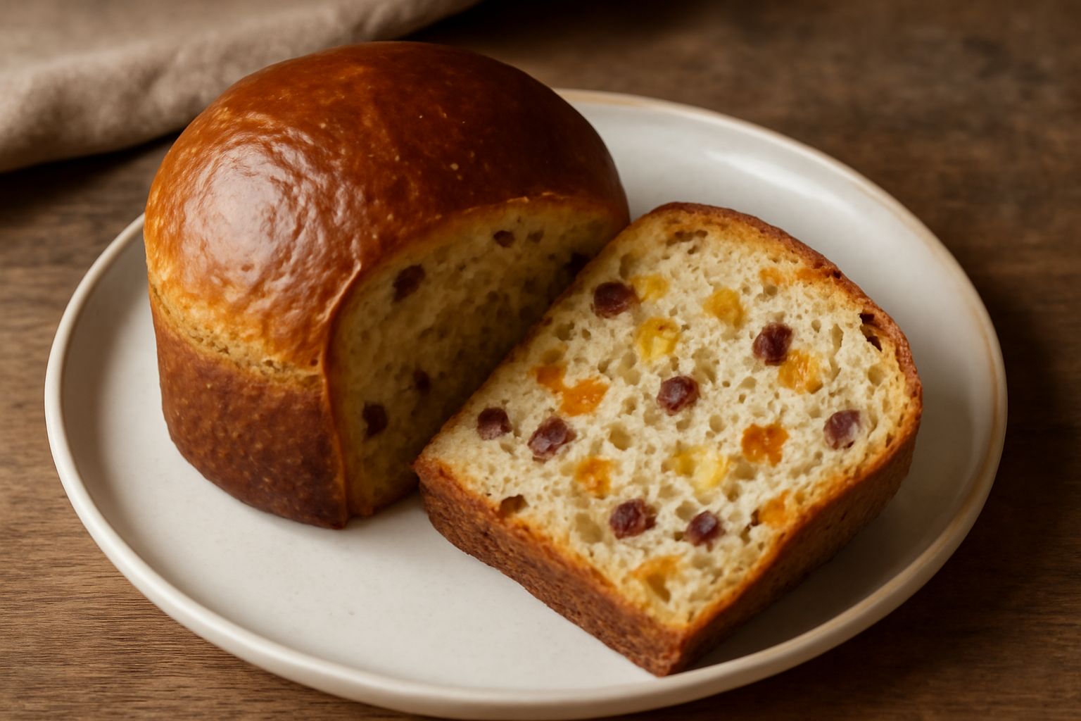 Panetone sardo dorato intero e tagliato a fette, con crosta liscia color ambra, canditi visibili nella mollica e uvetta distribuita, poggiato su carta pergamena bianca