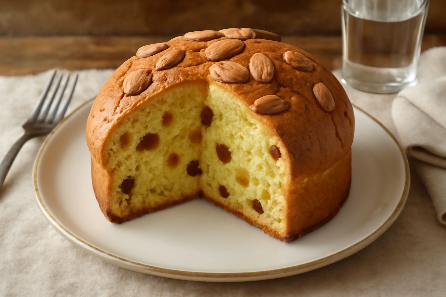 Panetone sassarese con crosta dorata, decorato con mandorle intere in superficie, affettato per mostrare l'interno morbido color avorio con frutta candita e uvetta visibili, su piatto bianco con tovag