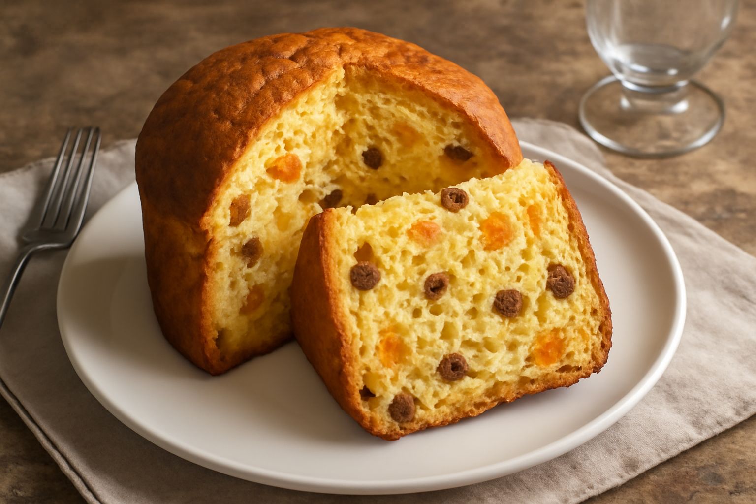 Panetone sorrentino a fette su piatto bianco, colore giallo dorato con canditi di limone e arancia visibili, superficie leggermente spugnosa e morbida, guarnito con scorza di limone grattugiata