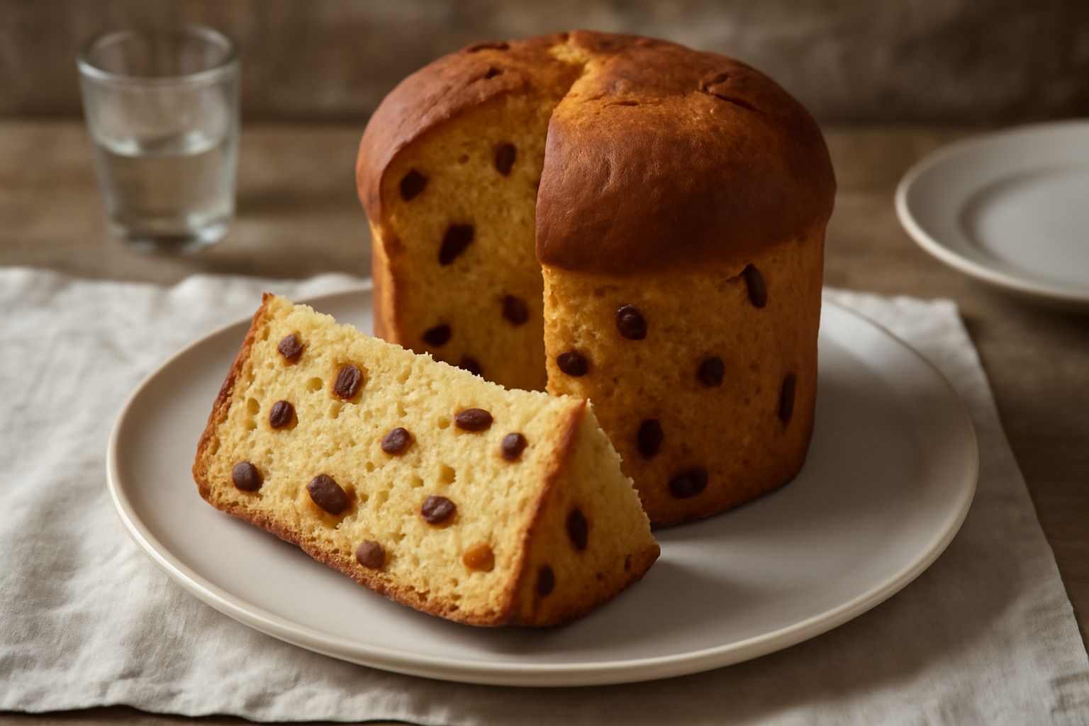 Panetone viterbese affettato su tavola di legno, mollica gialla e soffice con uvetta e canditi visibili, forma cilindrica alta, con lieve doratura in superficie