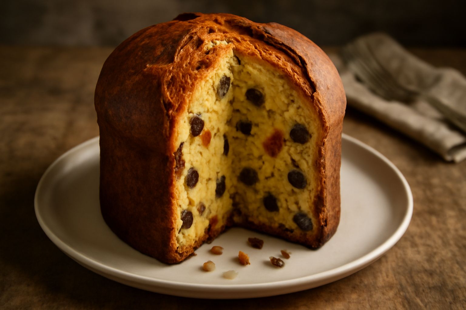Panetton intero non affettato con cupola dorata e screpolature dorate, base scura, appoggiato su carta bianca con una piccola candela accanto e rami di abete, visto da lato frontale