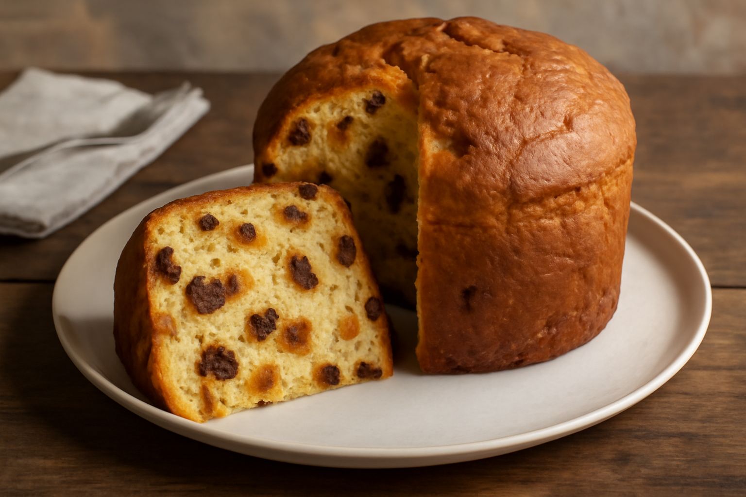 Panetton di fichi intero appena sfornato, con crosta dorata e screpolature superficiali tipiche, poggiato su una carta biancastra. Una fetta è tagliata e poggia accanto, mostrando la miga soffice colo