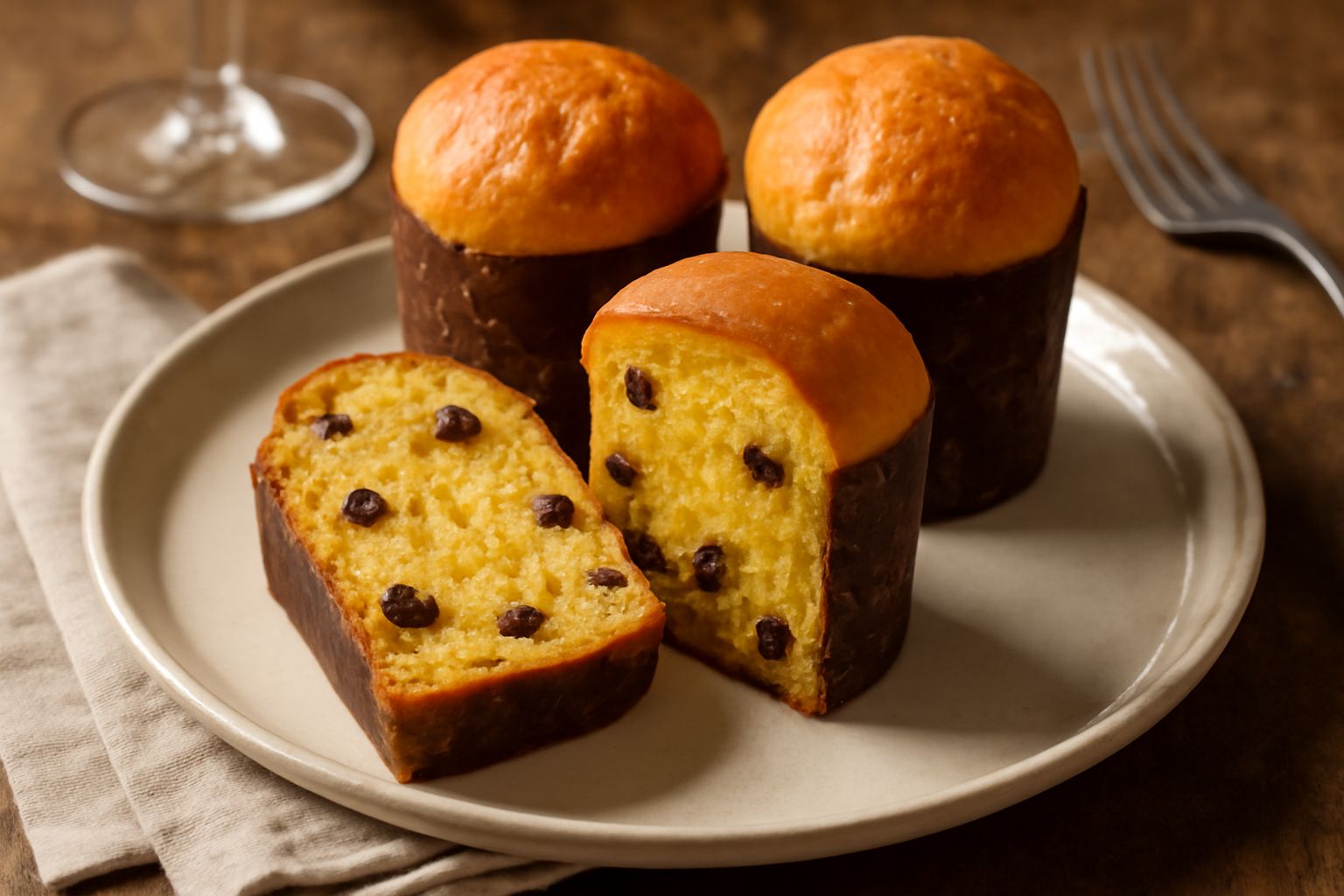 Panettoncini di carta marrone avvolti, uno tagliato a fette mostrando mollica gialla con canditi rossi e gialli distribuiti uniformemente, su tavolo grigio con rami di rosmarino