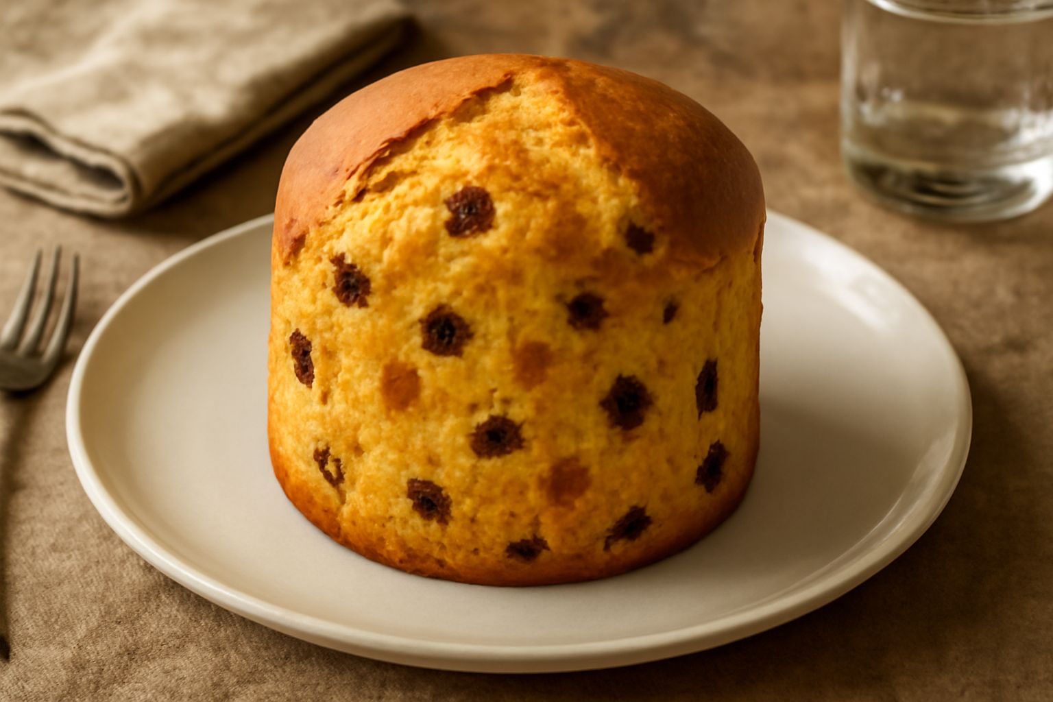 Panettone abruzzese tagliato a fette su un piatto bianco, con la mollica dorata e soffice visibile, canditi di arancia e cedro in primo piano, accompagnato da una tazza di caffè
