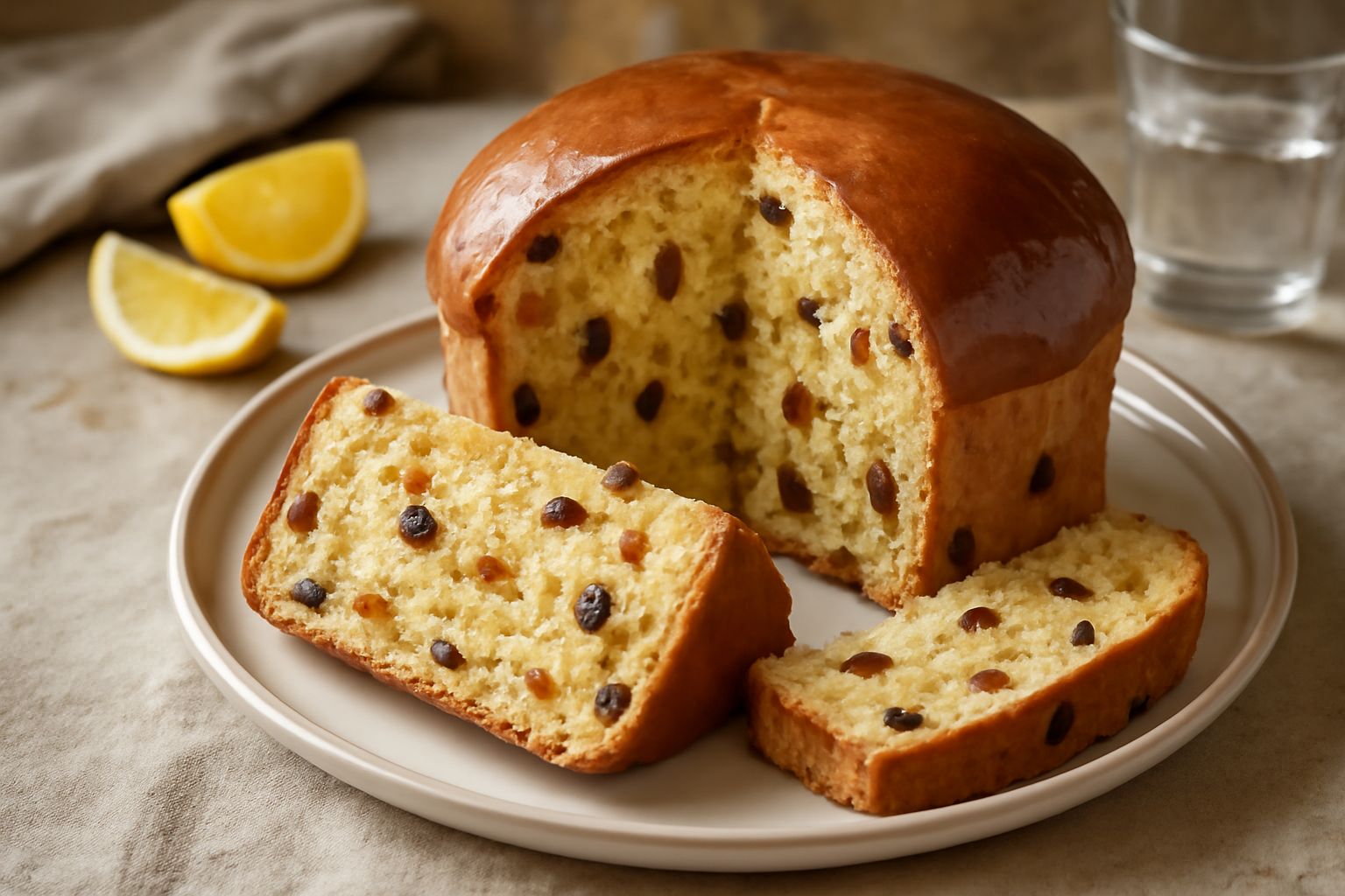 Panettone dorato e gonfiato a cupola su piatto bianco, superficie liscia e lucida, fette visibili con alveoli aperti e scorze di arancia candita sparse, accanto una tazza di caffè scuro