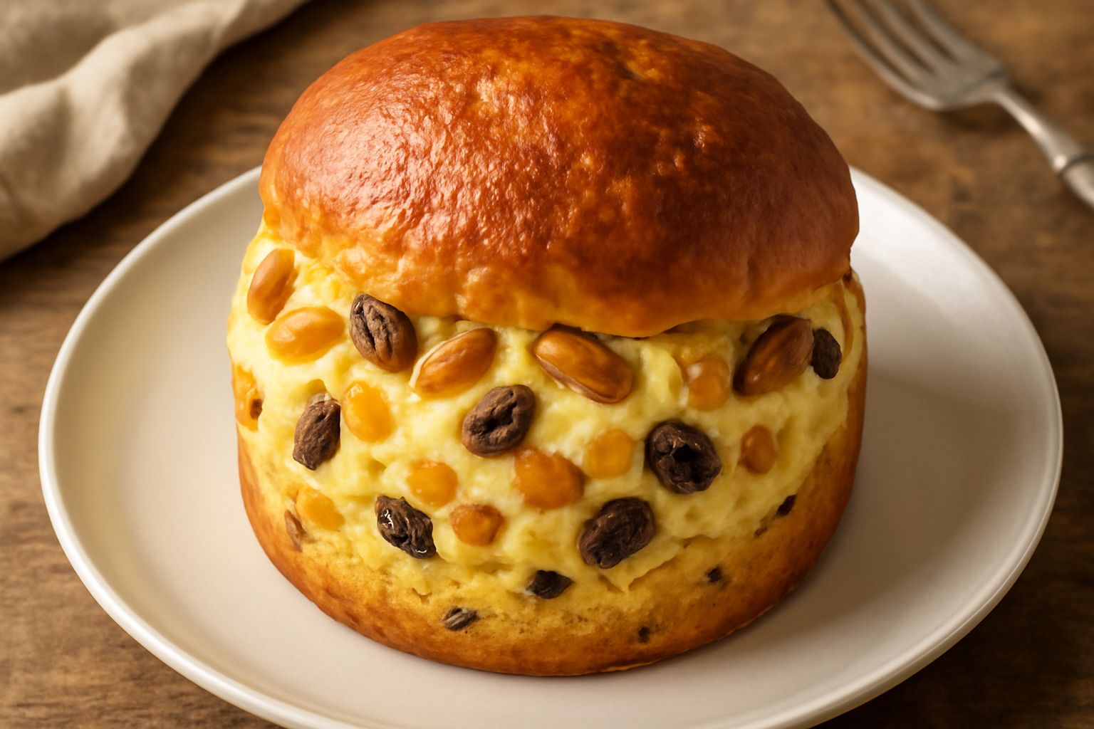 Panettone agrigentino intero affettato su piatto bianco, con cubetti visibili di scorza d'arancia candita, uvetta scura e mandorle tostate, crema giallo chiaro, muffin shape alto e bombato