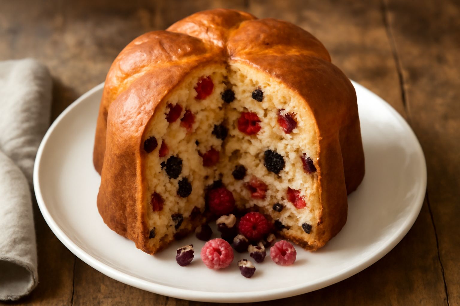 Panettone ai frutti di bosco affettato, con cupola dorata e brillante, visibili all'interno i frutti rossi secchi e freschi, su un piatto bianco accanto a una tazza di tè caldo