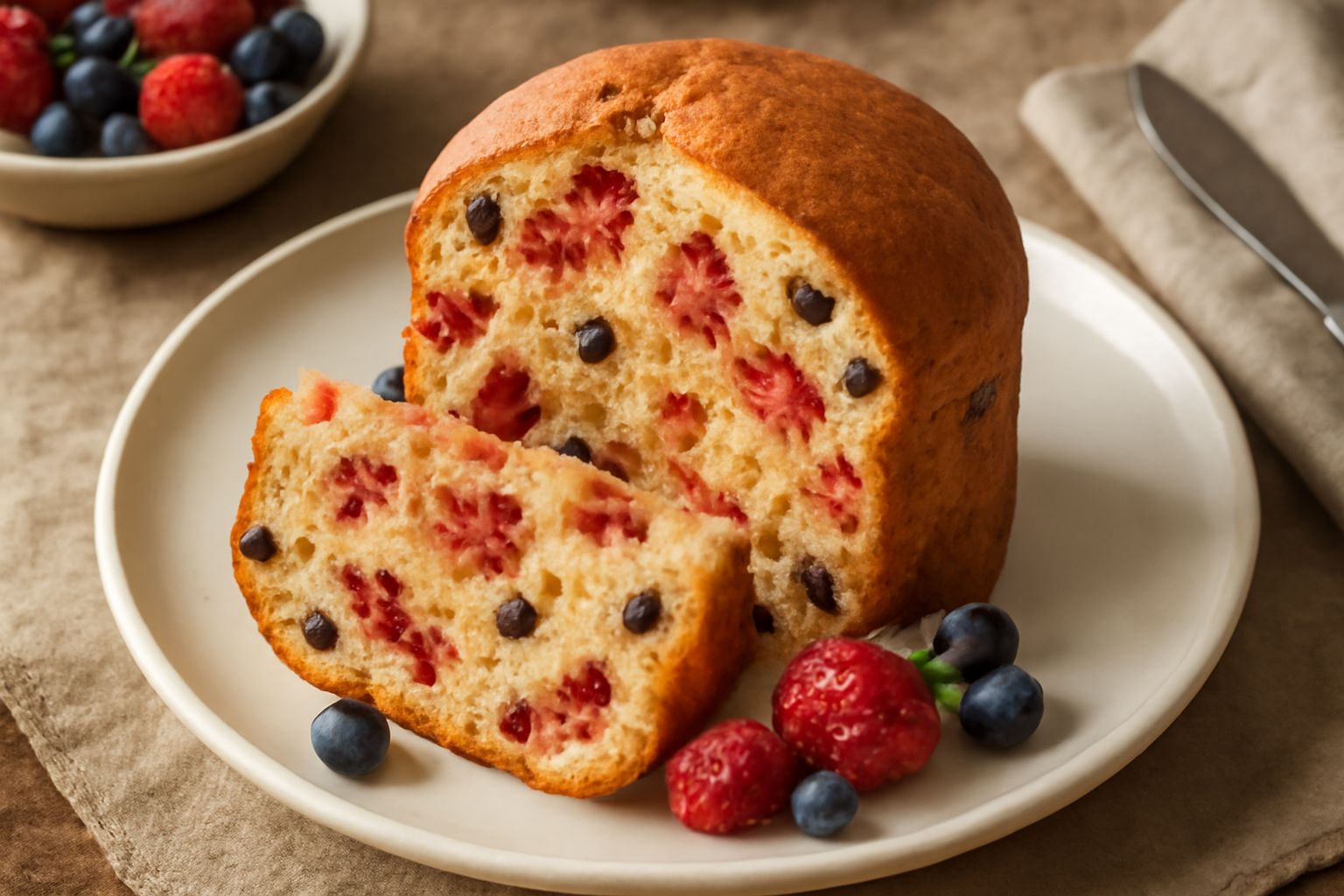 Panettone a fette con frutti di bosco rossi e blu distribuiti nella mollica dorata, servito su piatto bianco con qualche fragola e mirtillo sparsi intorno