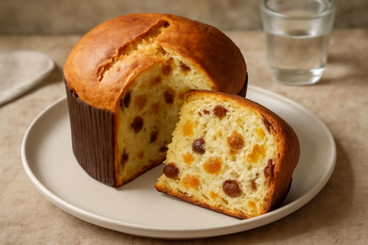 Panettone dorato a fette su piatto bianco, con frutti secchi visibili nella mollica: albicocche arancioni, datteri scuri e uvetta, guarnito con canditi di agrumi gialli e verdi