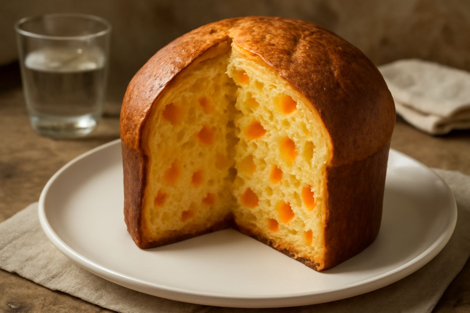 Panettone ai frutti tropicali affettato, con cubetti gialli e arancioni di mango e papaya canditi visibili nella mollica dorata, guarnito con frutta candita sulla sommità, su un piatto bianco