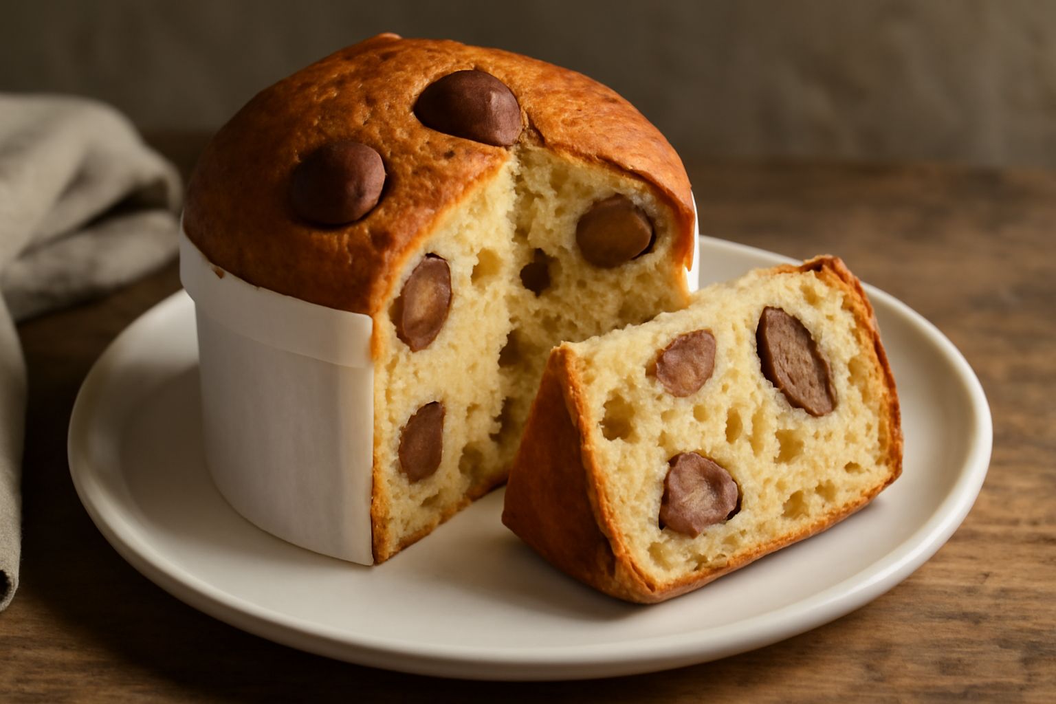 Panettone ai marroni affettato su un piatto bianco, con crema di panettone, marroni interi visibili dentro la mollica dorata, sfondo natalizio con decorazioni